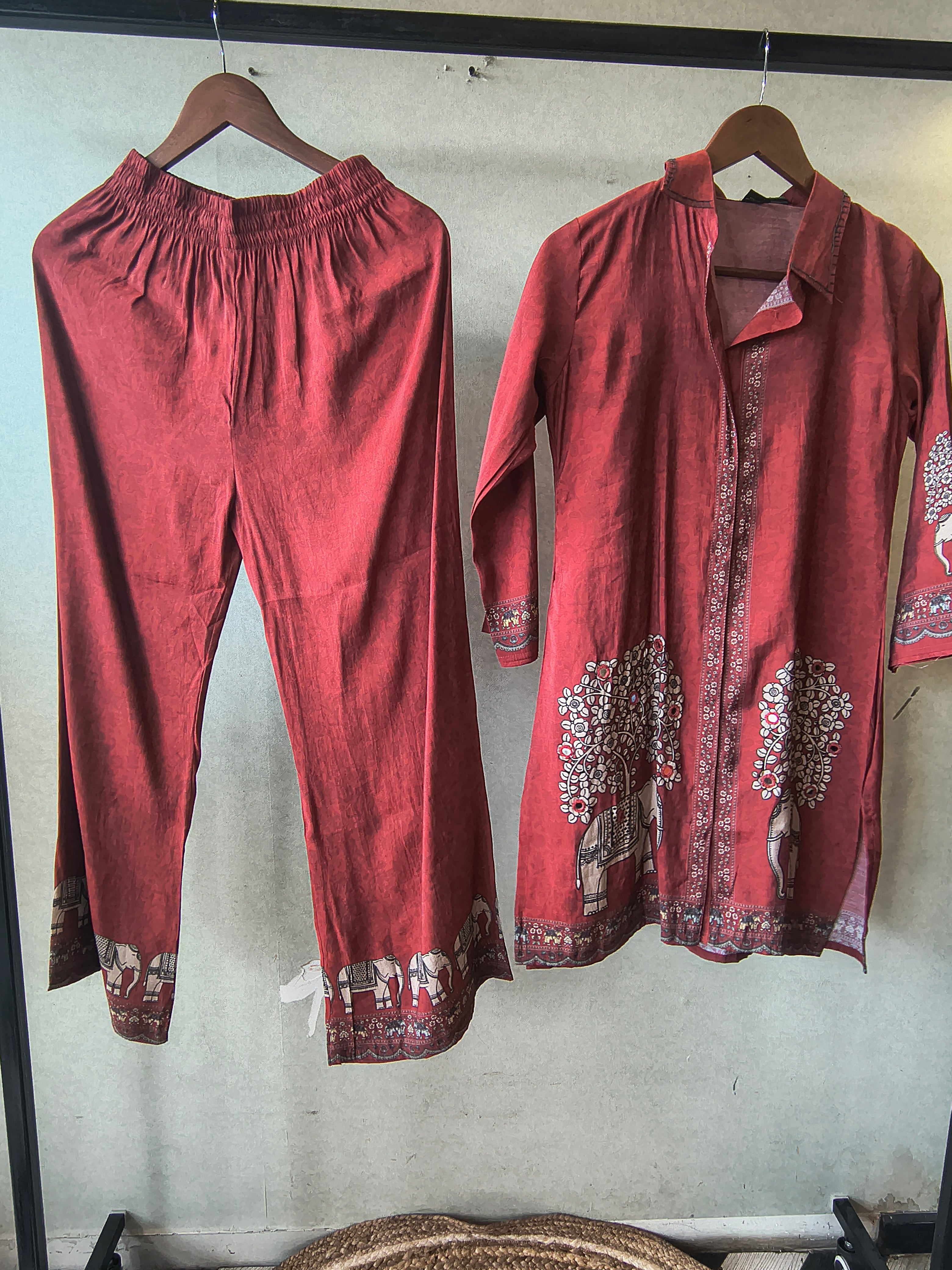 Image of Rust Red Elephant Print Designer Co-Ord Set with Asymmetrical Hem