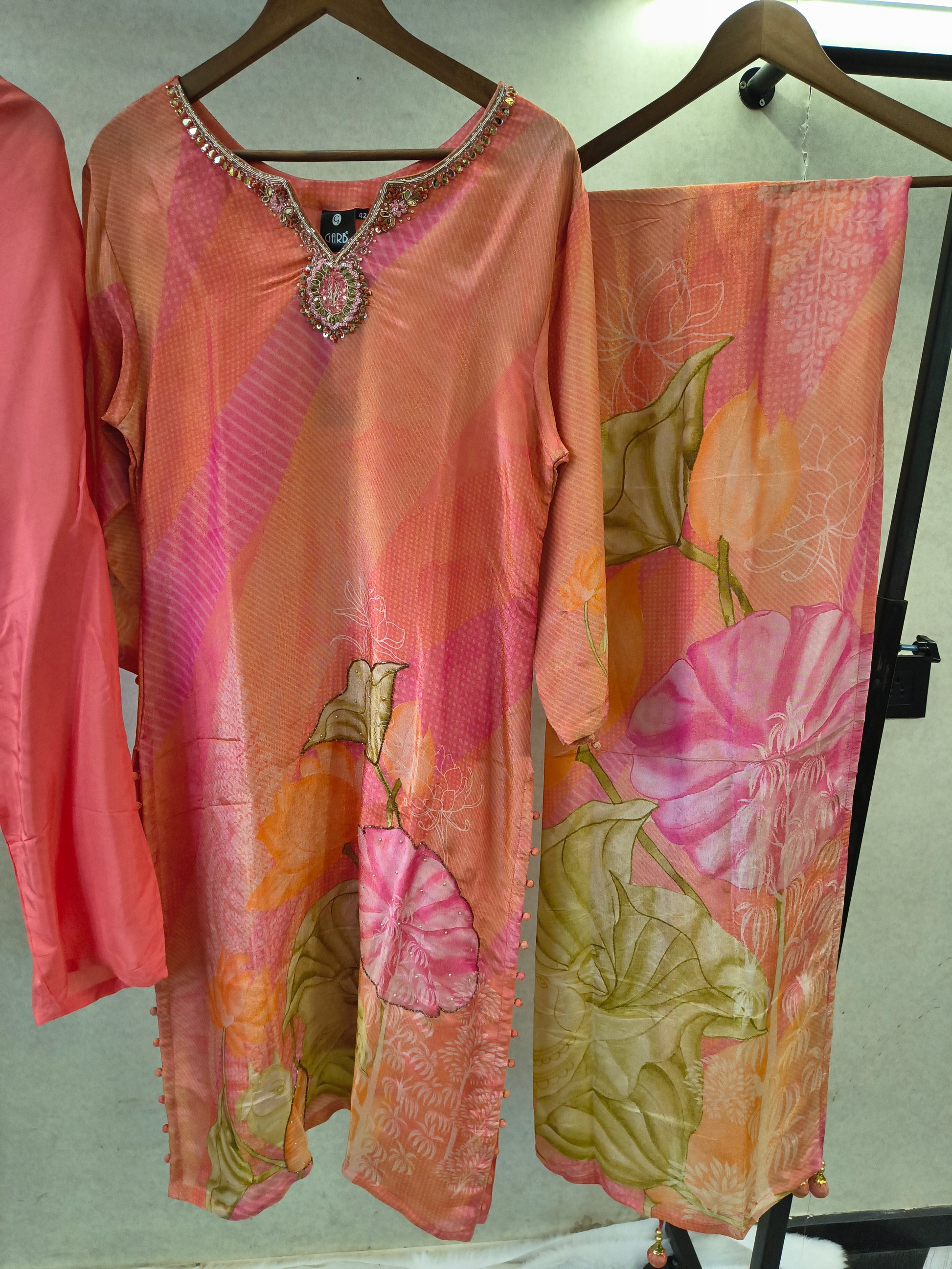 Coral Pink Floral Printed Designer Kurta Set with Embellished Neckline & Printed Dupatta | Premium 3 Piece Festive Ensemble