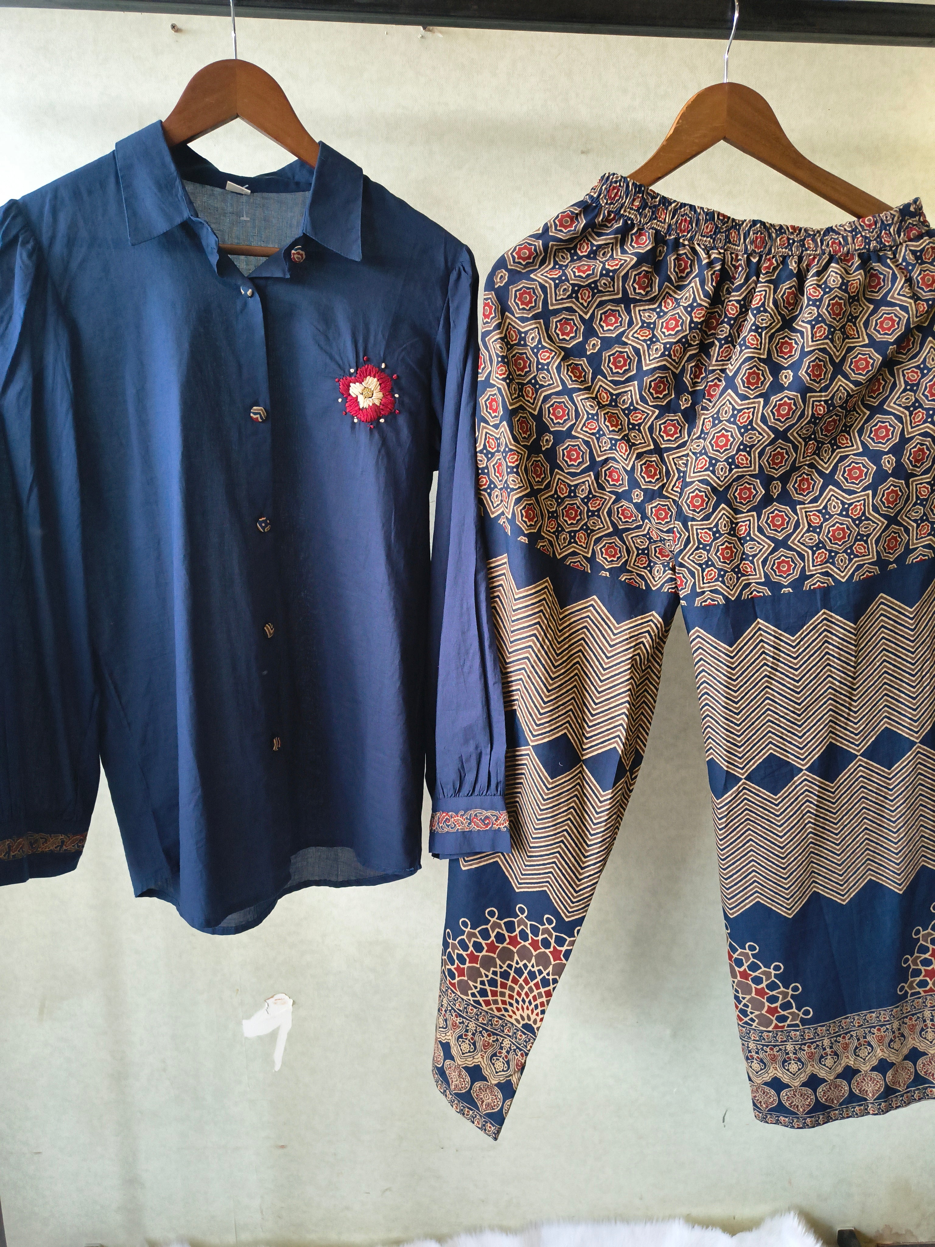 Image of Navy Blue Designer Shirt Co-Ord Set with Statement Printed Palazzo Pants