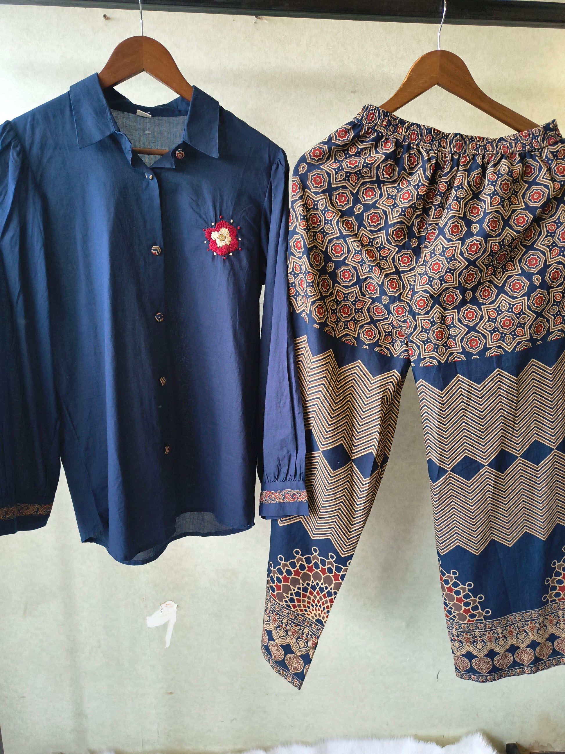 Navy Blue Designer Shirt Co-Ord Set with Statement Printed Palazzo Pants