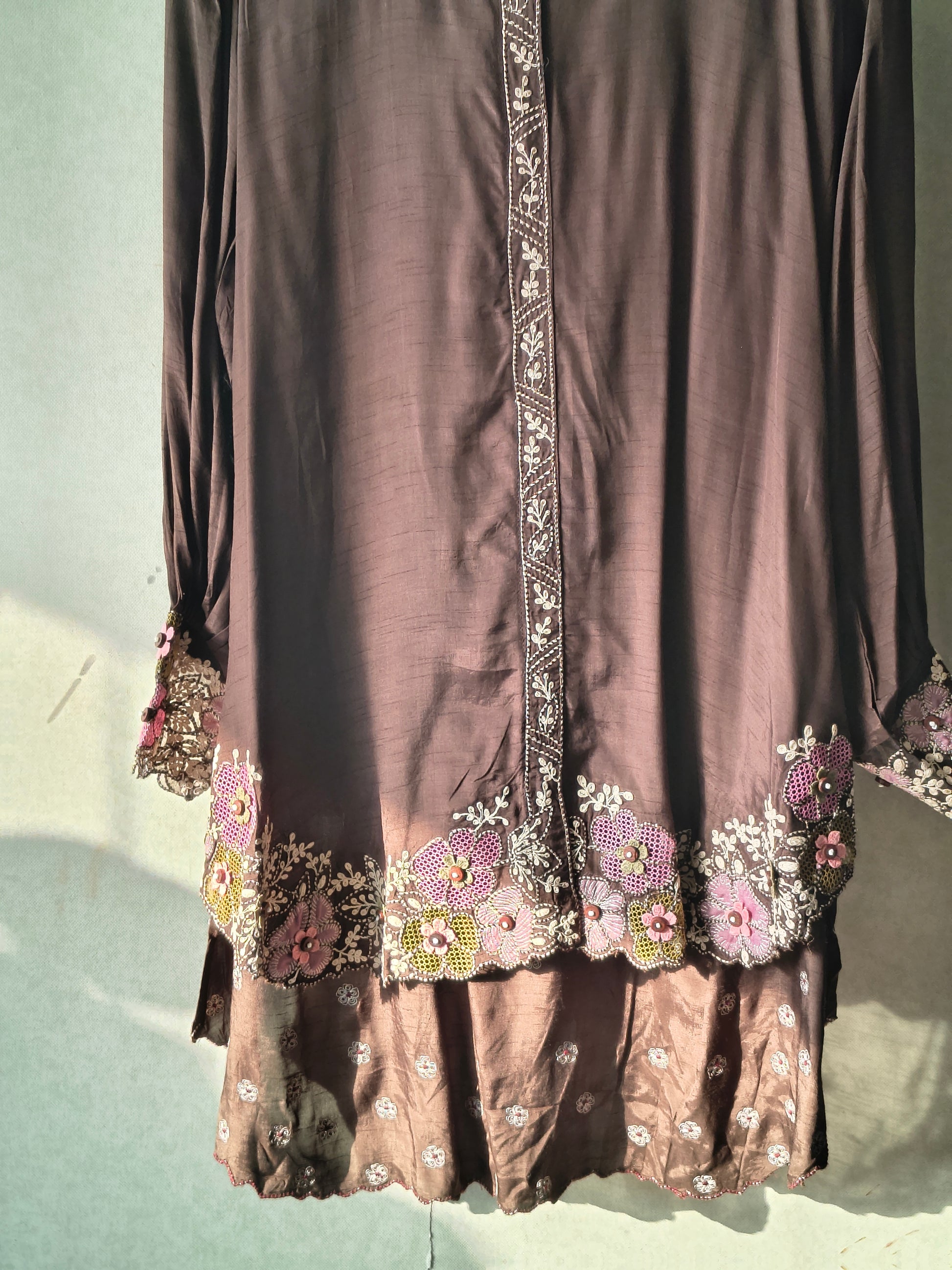 Chocolate Brown Designer Embroidered Co-Ord Set with 3D Floral Appliqué & Organza Hem