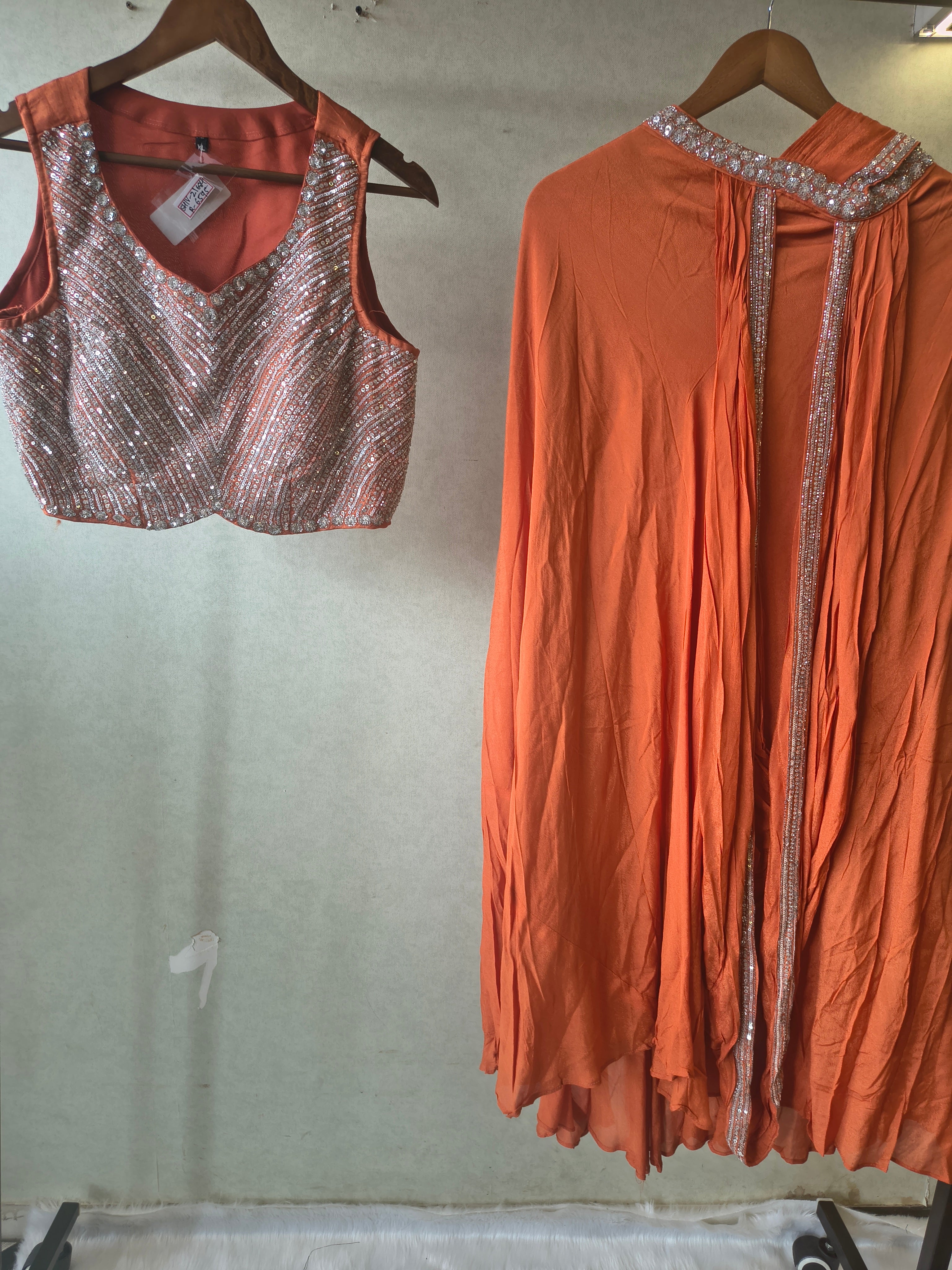 Image of Burnt Orange Embellished Designer Blouse with Drape Palazzo & Cape – 3 Piece Indo-Western Party Wear Set