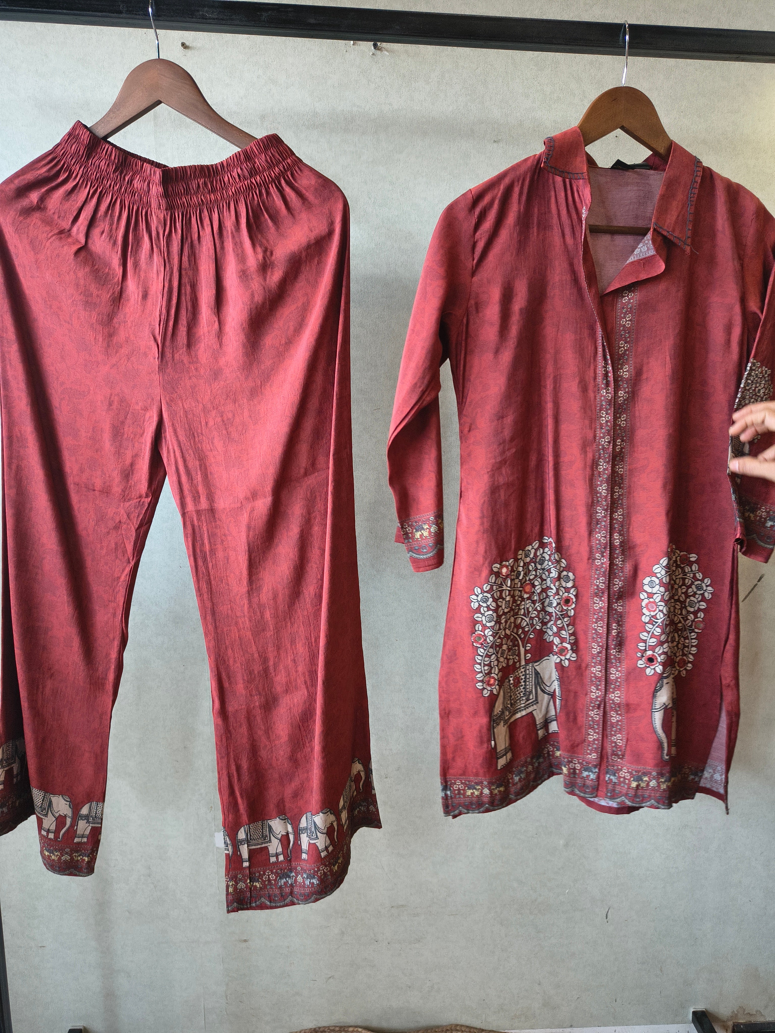 Image of Rust Red Elephant Print Designer Co-Ord Set with Asymmetrical Hem