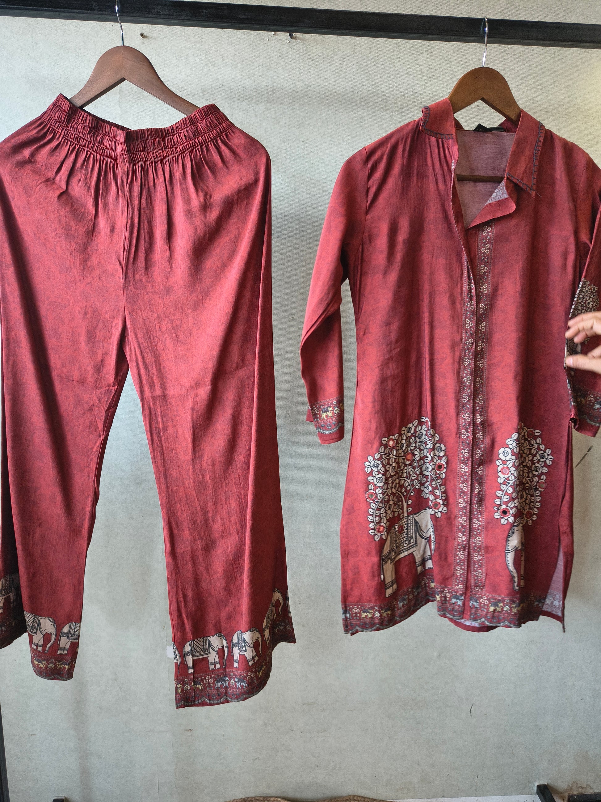 Rust Red Elephant Print Designer Co-Ord Set with Asymmetrical Hem