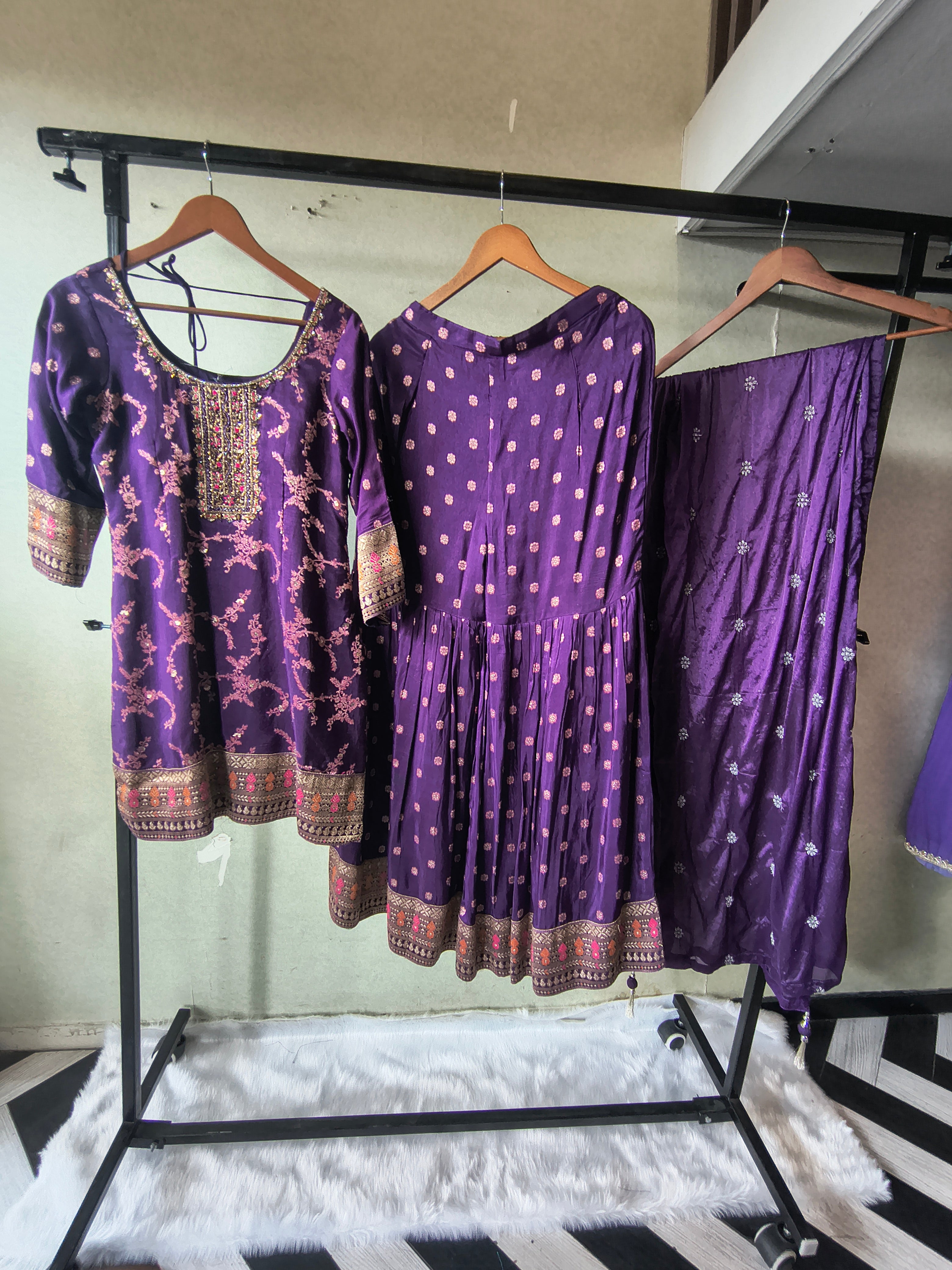 Image of Royal Purple Embroidered Peplum Sharara Set with Banarasi Border & Dupatta – Premium 3 Piece Festive Ensemble