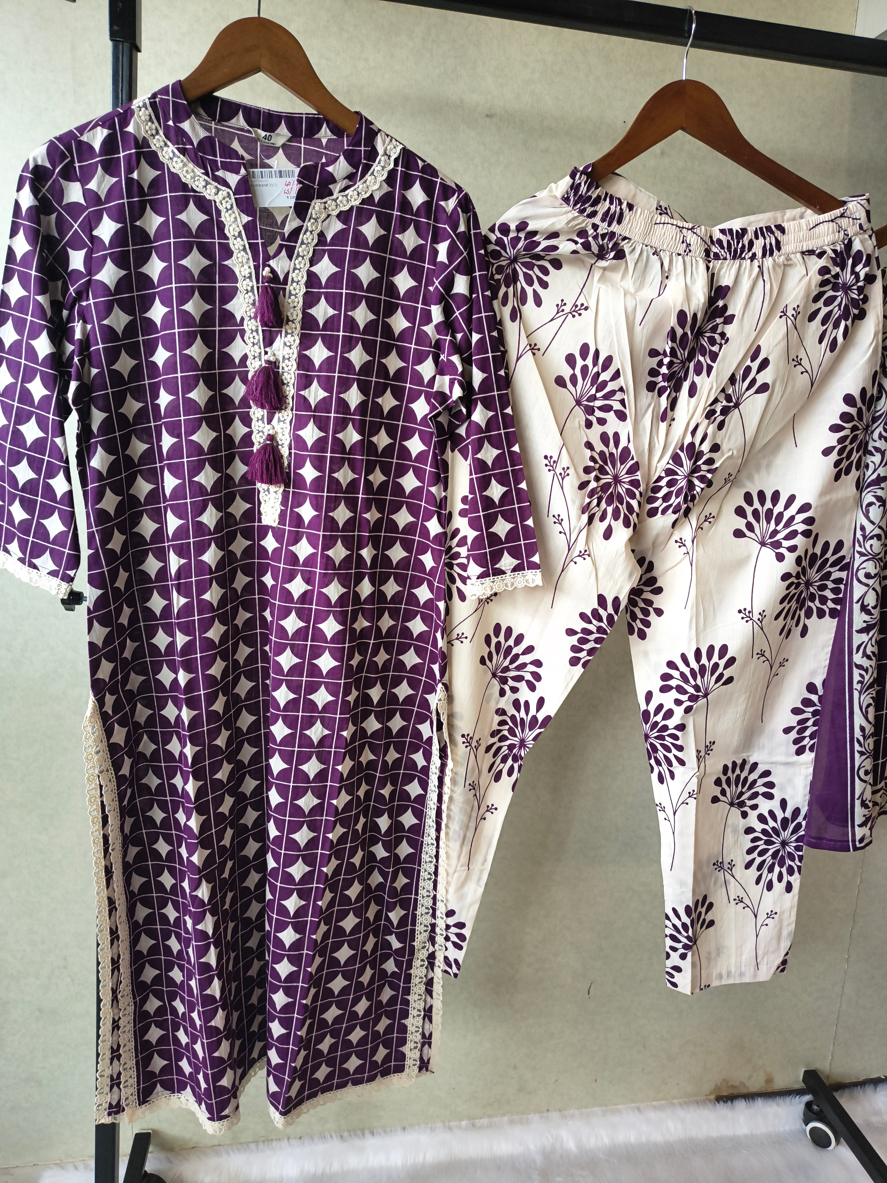 Image of Premium Plum Geometric Printed Cotton Kurta Set with Floral Printed Pants & Dupatta