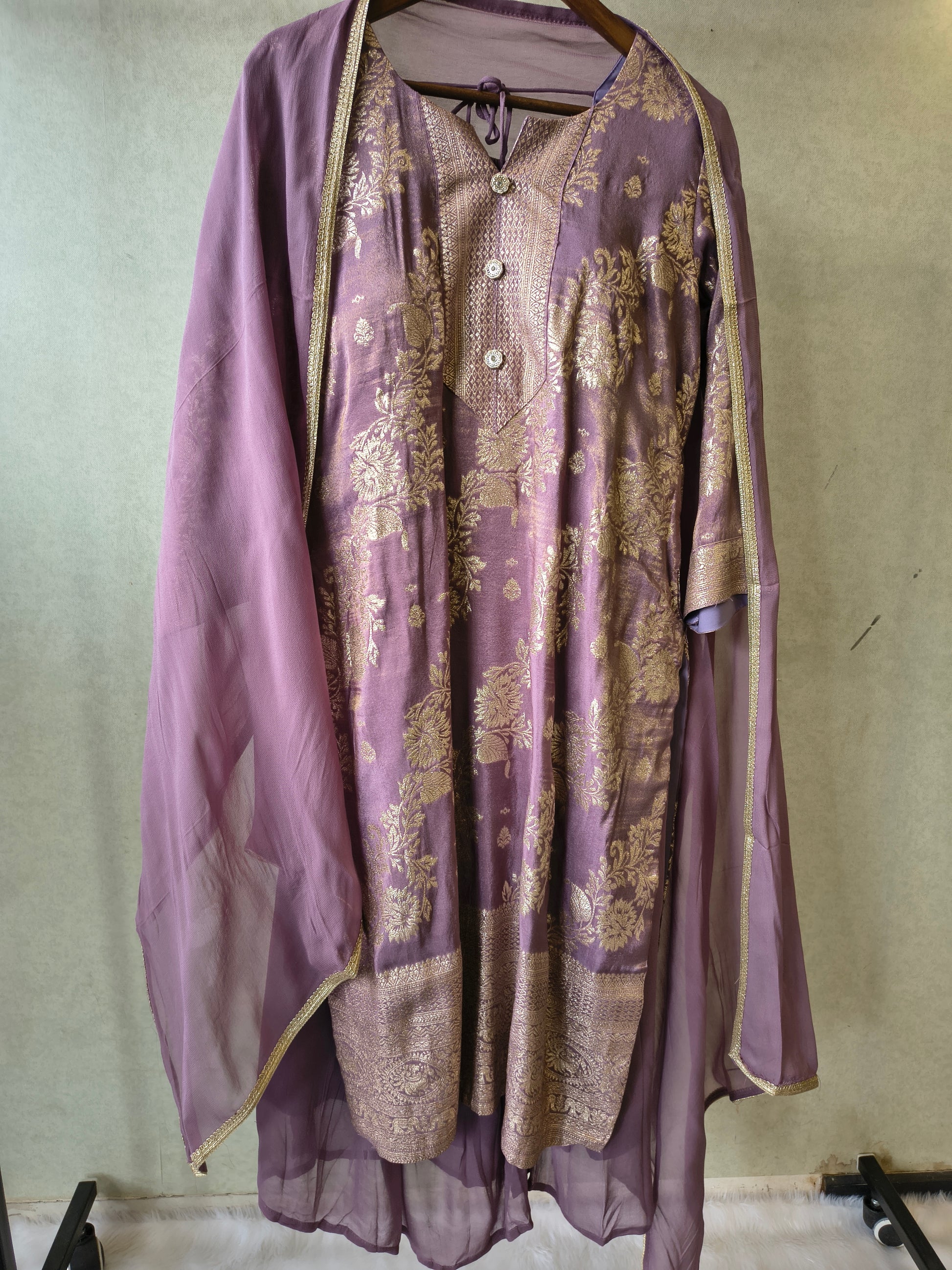 Premium Lavender Jacquard Straight Kurta with Georgette Sharara & Dupatta Set