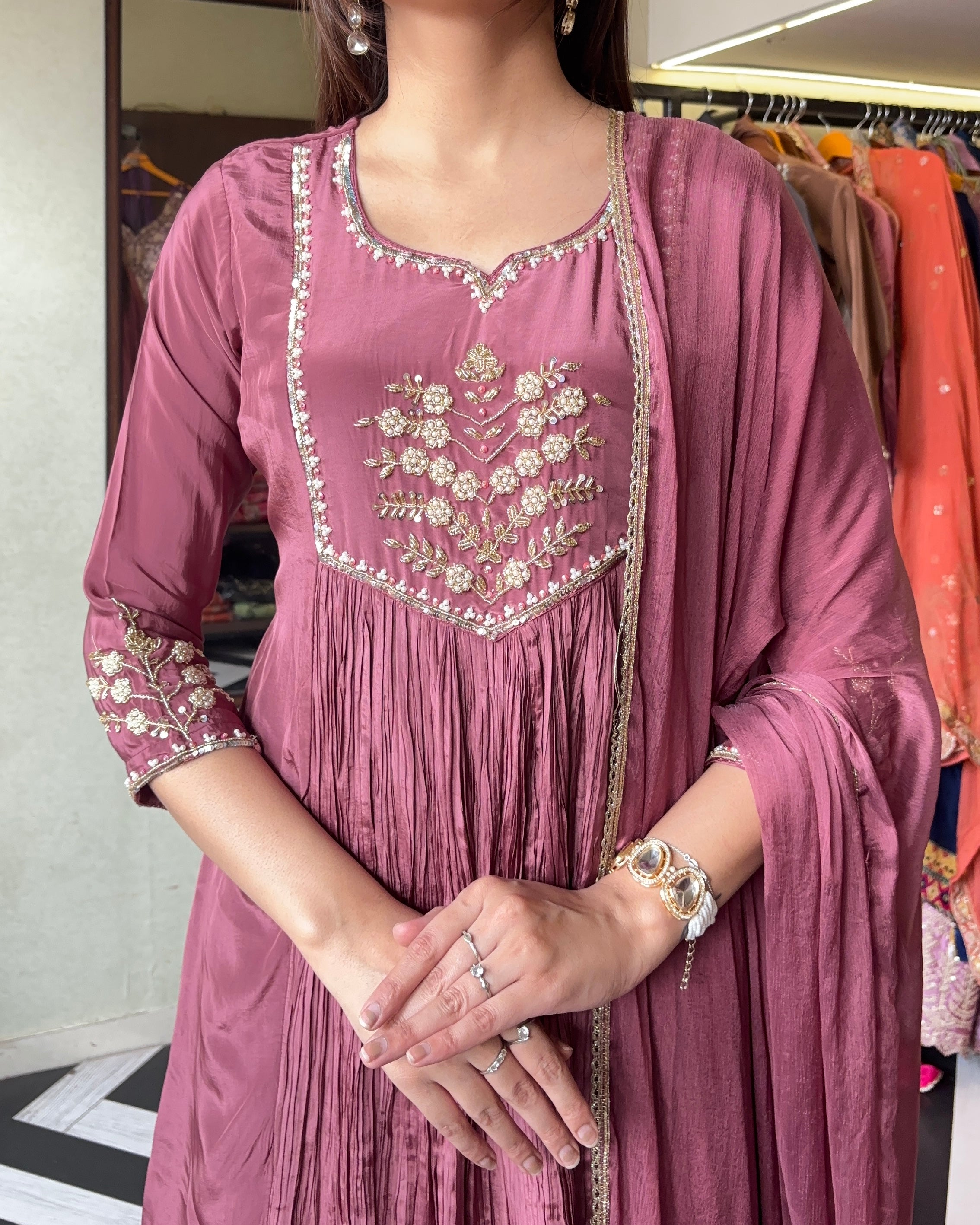 Image of Pure Crepe 3-Piece Indo-Western Fusion Set | Designer Top & Plazzo | Handwork Detailing