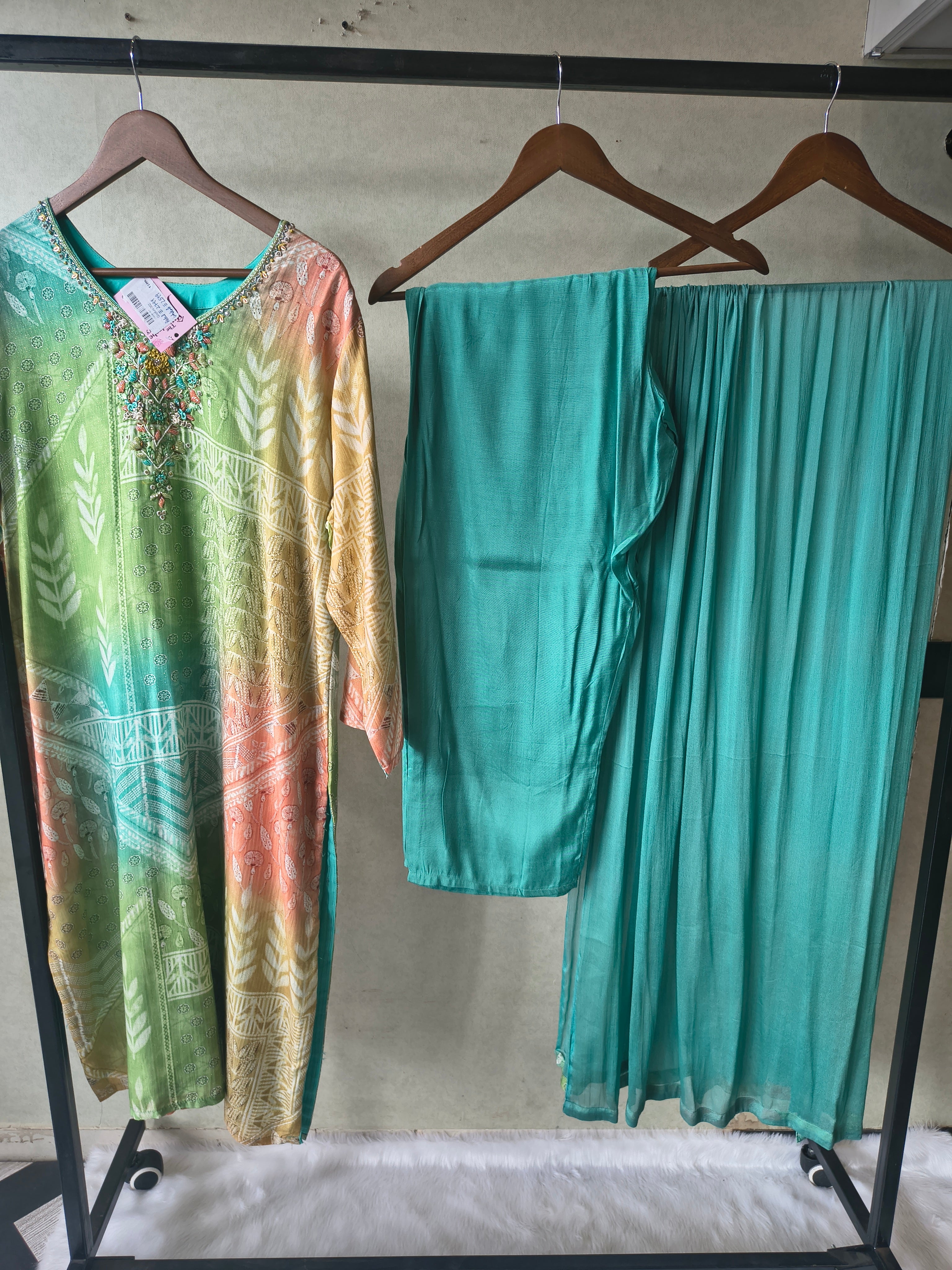 Image of Premium Aqua Ombre Printed Kurta Set with Hand-Embellished Neckline, Solid Pants & Chiffon Dupatta