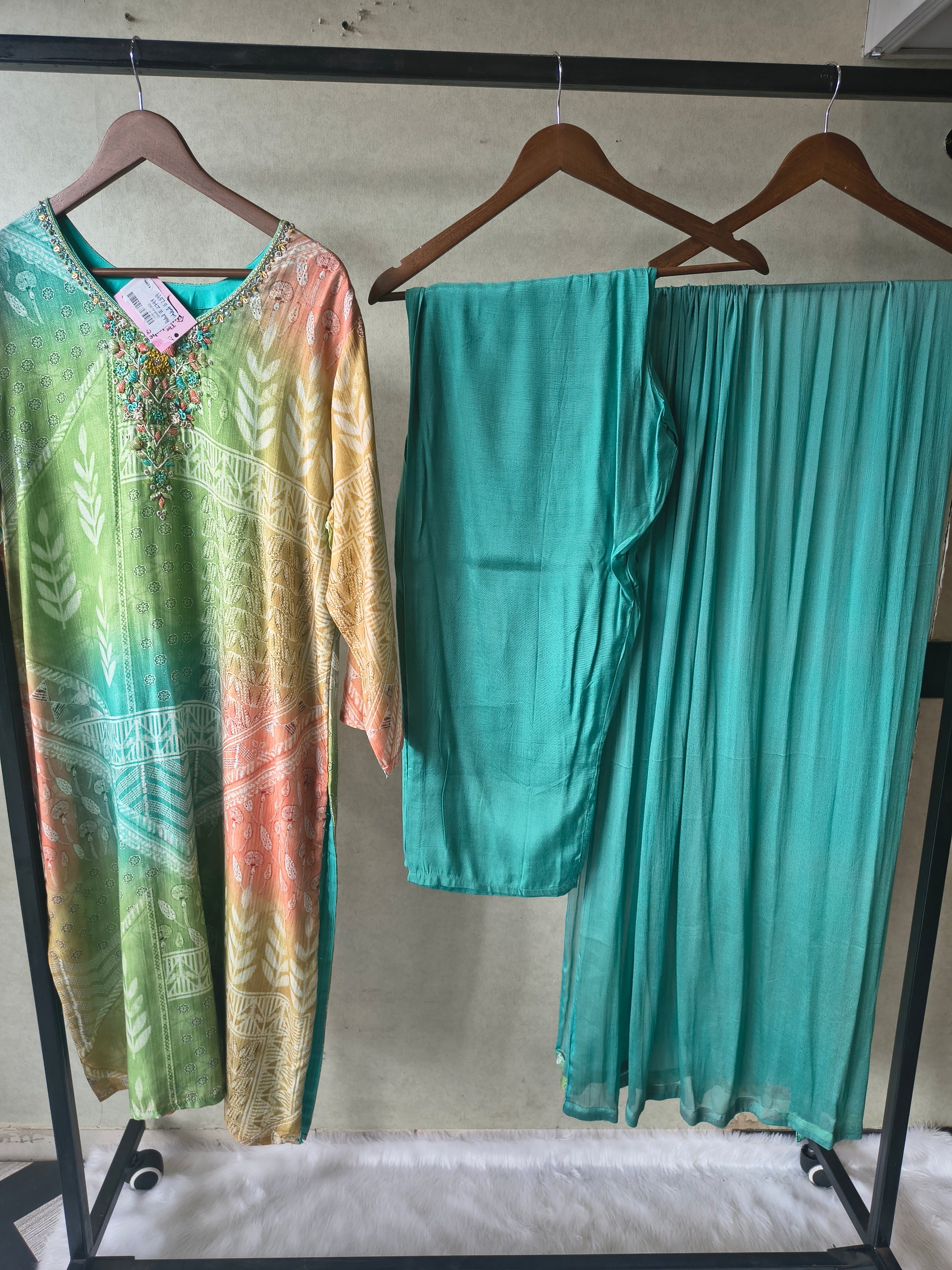 Premium Aqua Ombre Printed Kurta Set with Hand-Embellished Neckline, Solid Pants & Chiffon Dupatta