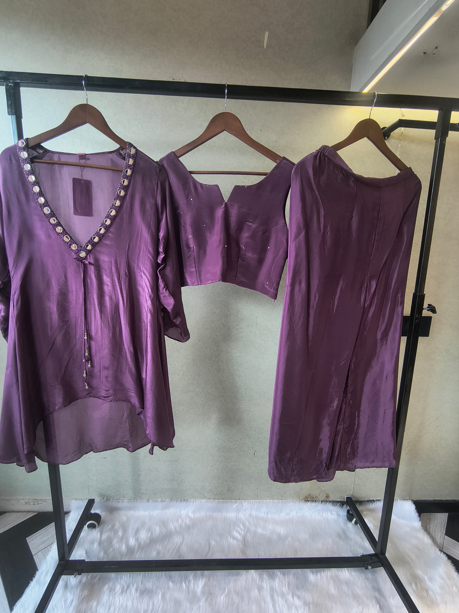 Royal Plum Embellished High-Low Tunic with Sleeveless Blouse & Wide-Leg Pants – 3 Piece Designer Indo-Western Set