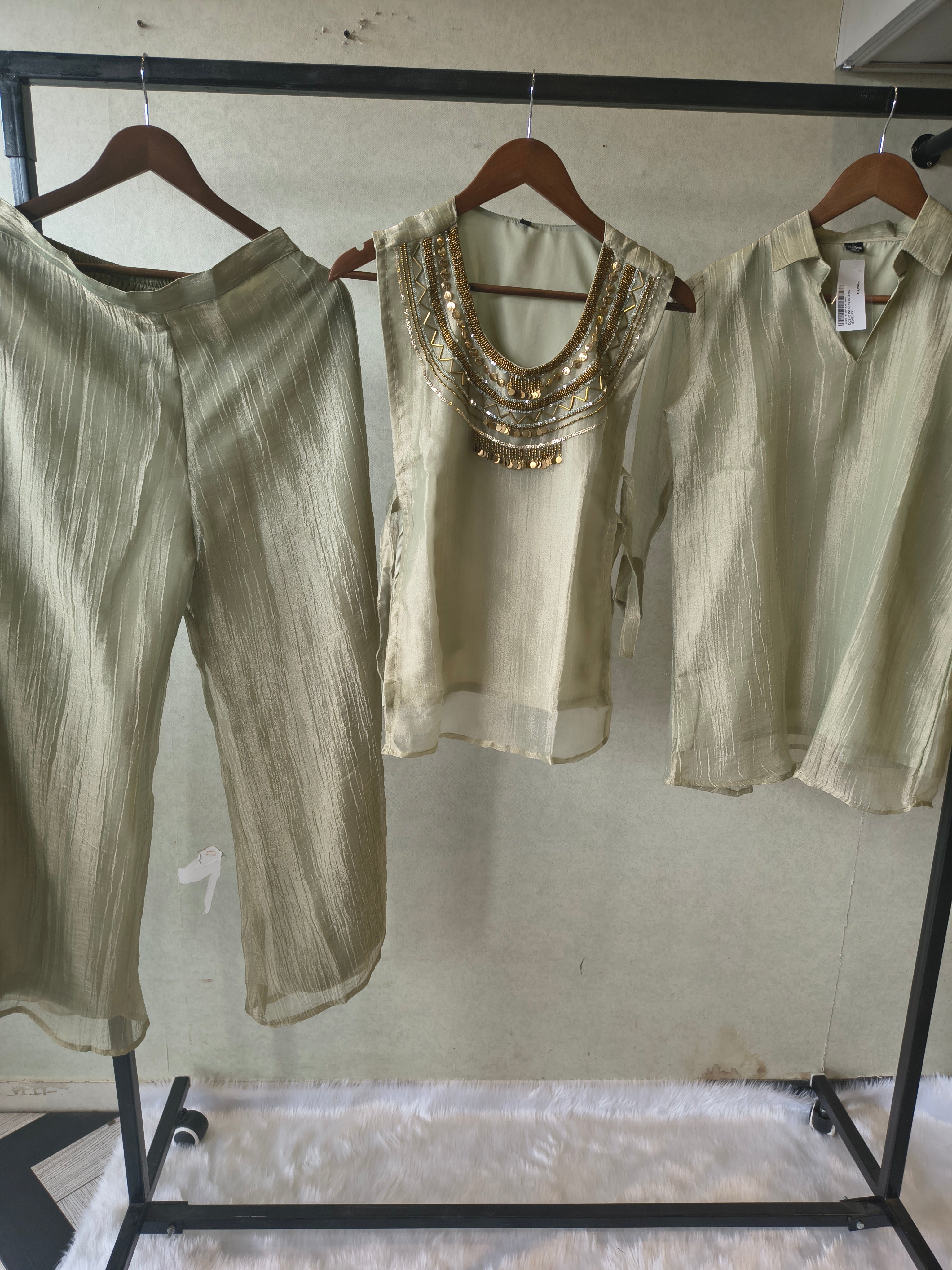 Image of Premium Sage Grey Tissue Silk 3-Piece Co-Ord Set with Antique Hand Embellished Jacket, Inner & Palazzo