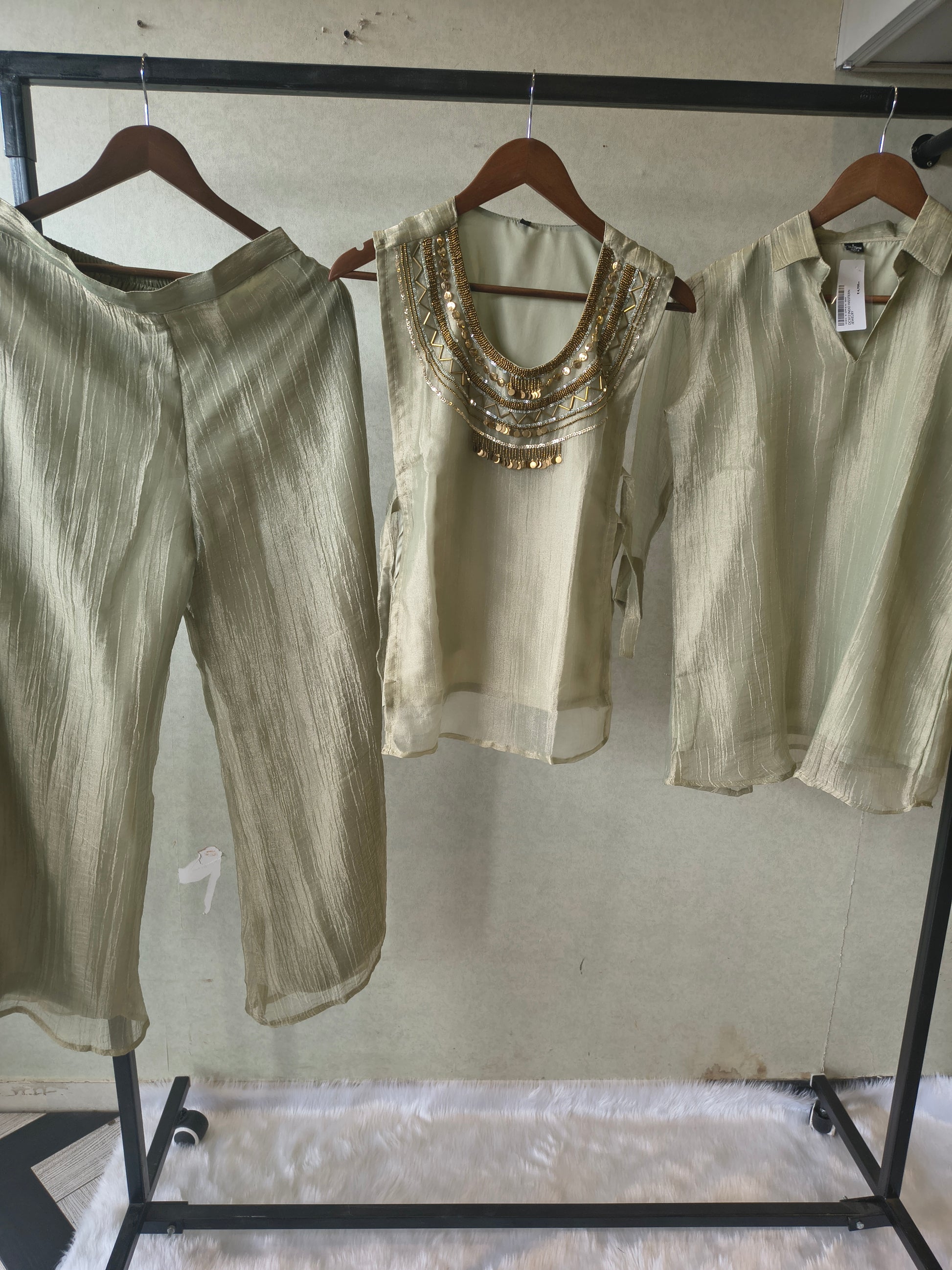 Premium Sage Grey Tissue Silk 3-Piece Co-Ord Set with Antique Hand Embellished Jacket, Inner & Palazzo