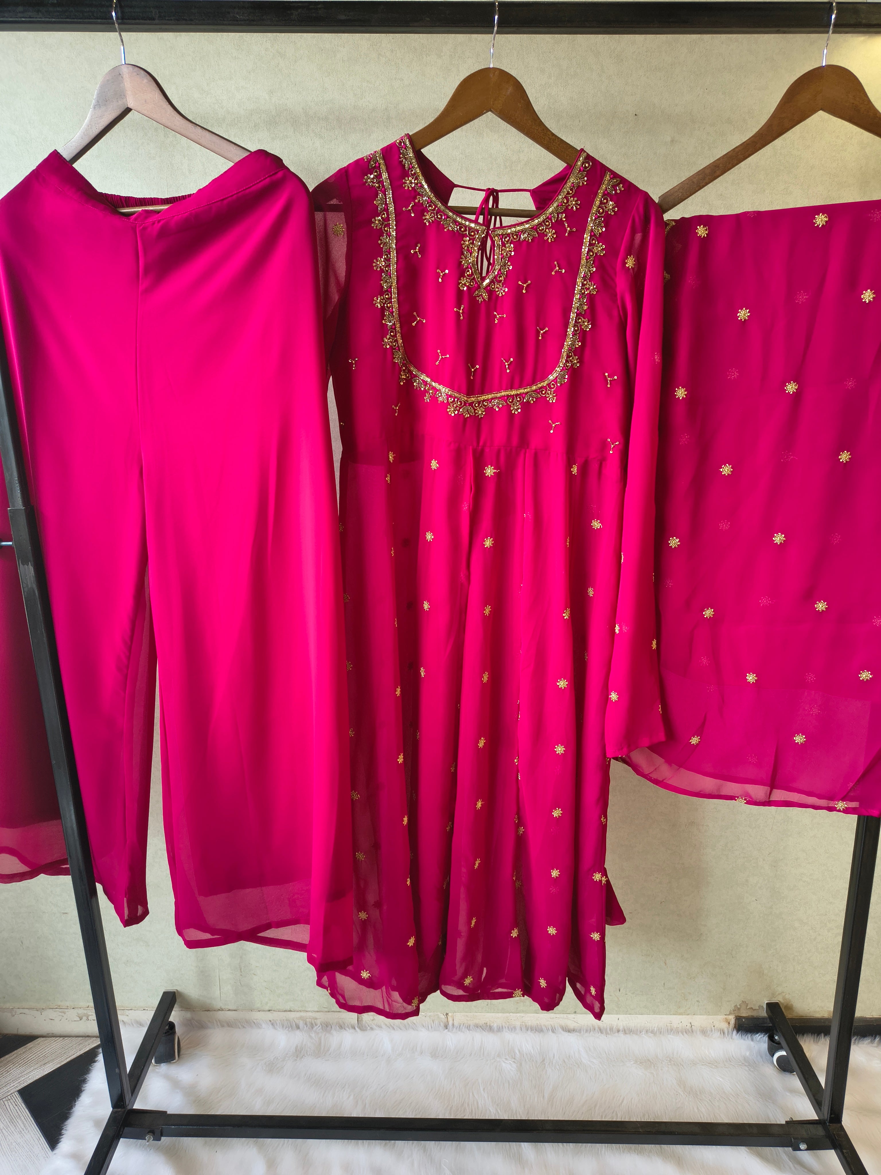 Image of Premium Fuchsia Pink Embroidered Kurta with Sharara & Embellished Dupatta Set