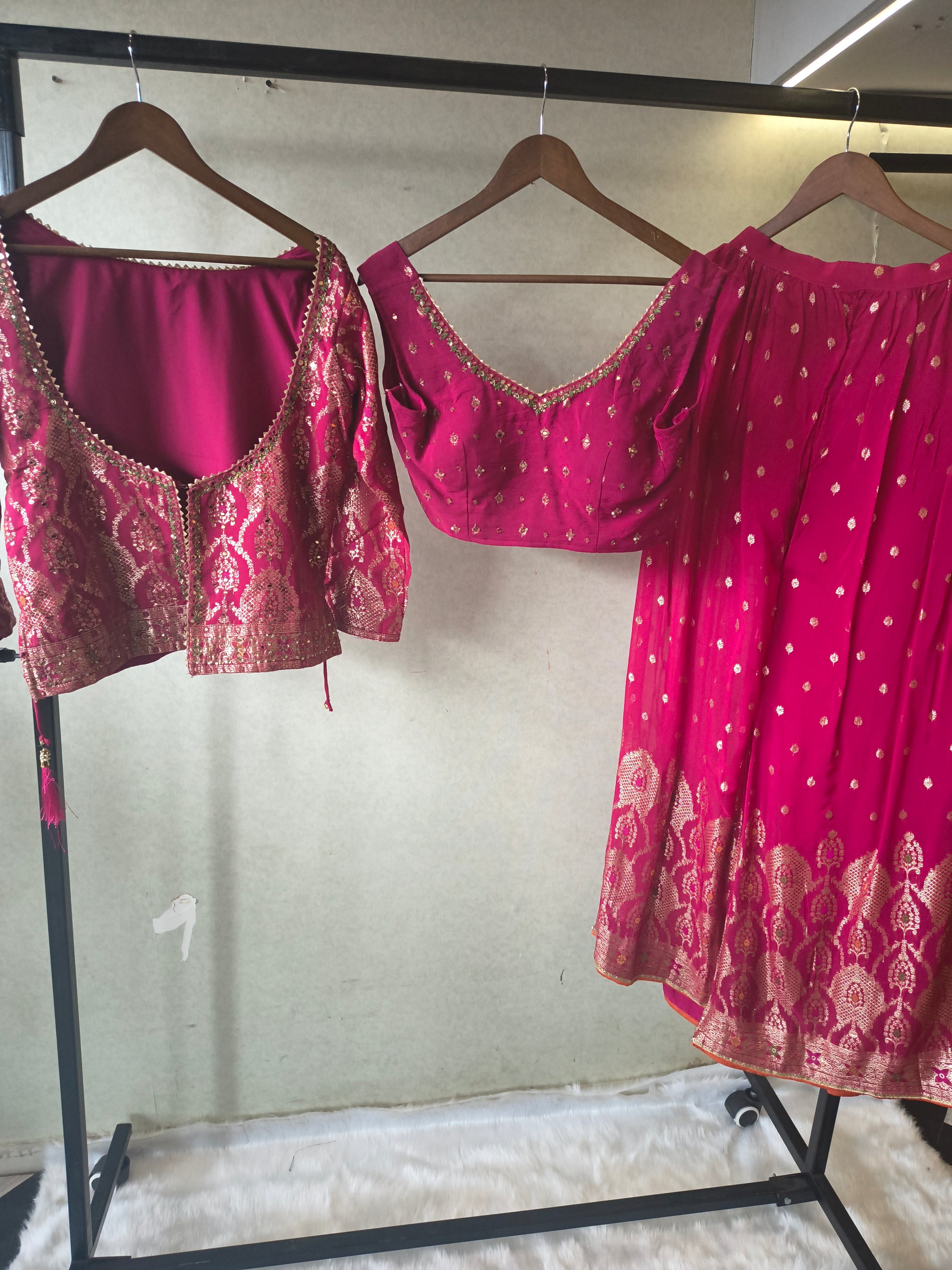 Rani Pink Banarasi Lehenga Set with Dual Designer Blouses – Woven Festive Wedding Ensemble