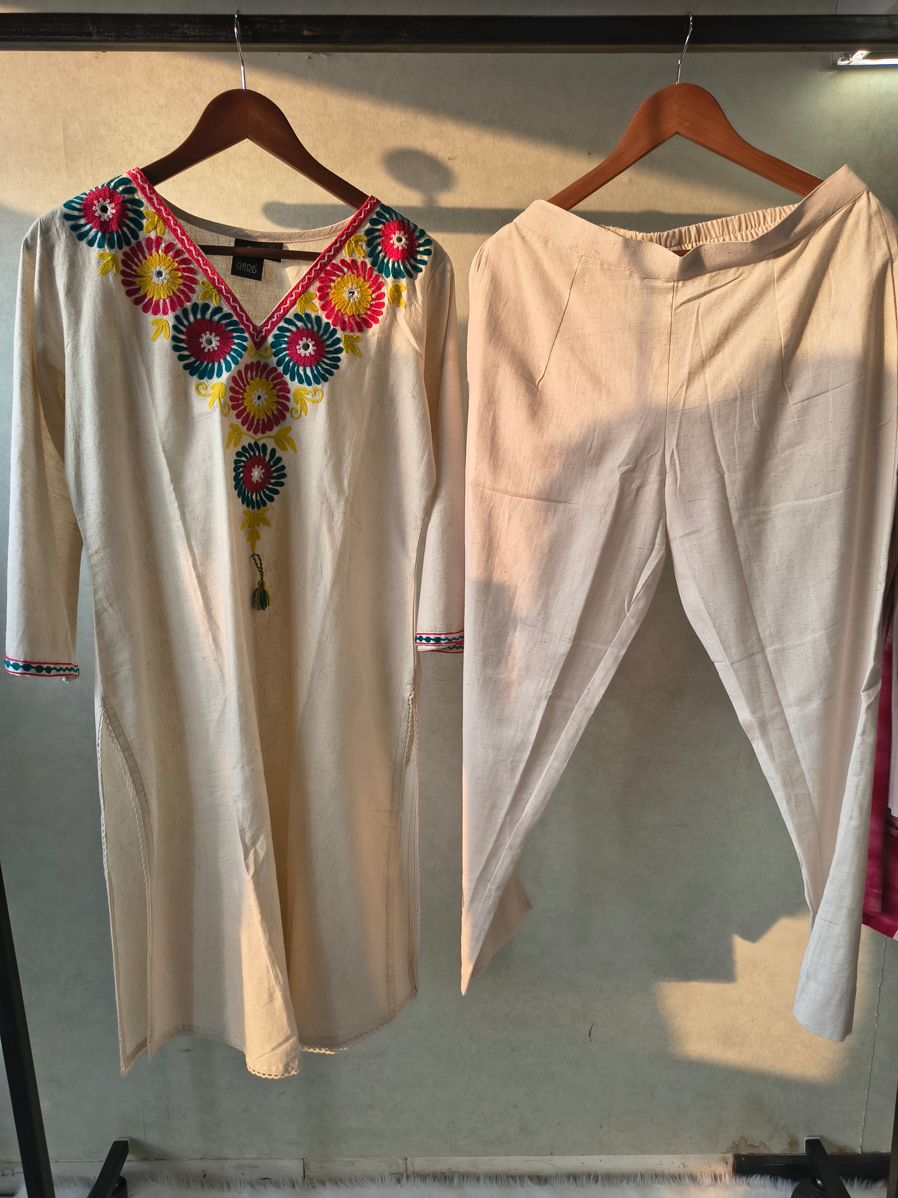 Image of Premium Hand Embroidered Floral Straight Kurta Co-Ord Set with Tapered Pants