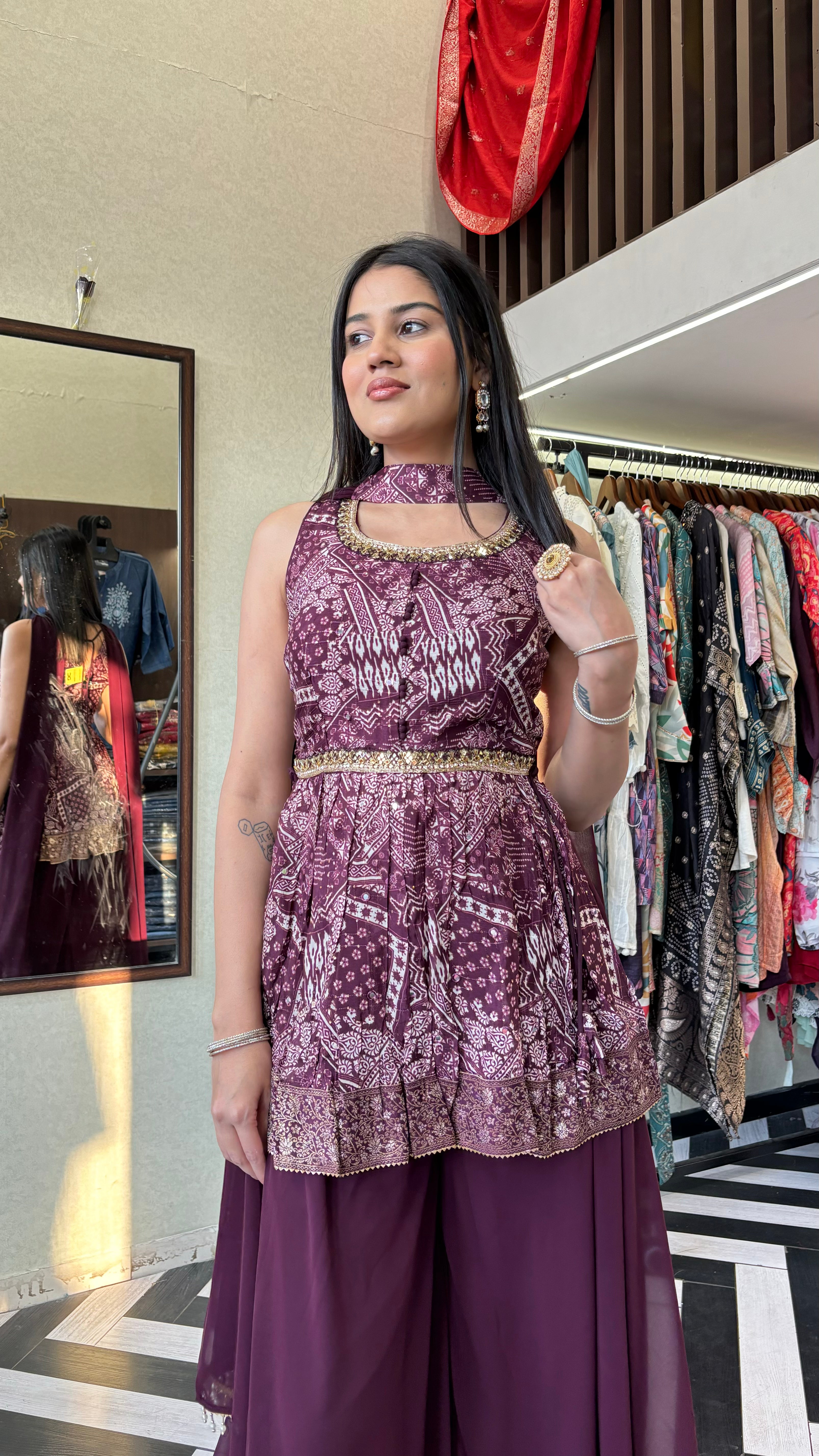 Pure Chinnon Indo Western Piece with Hand work