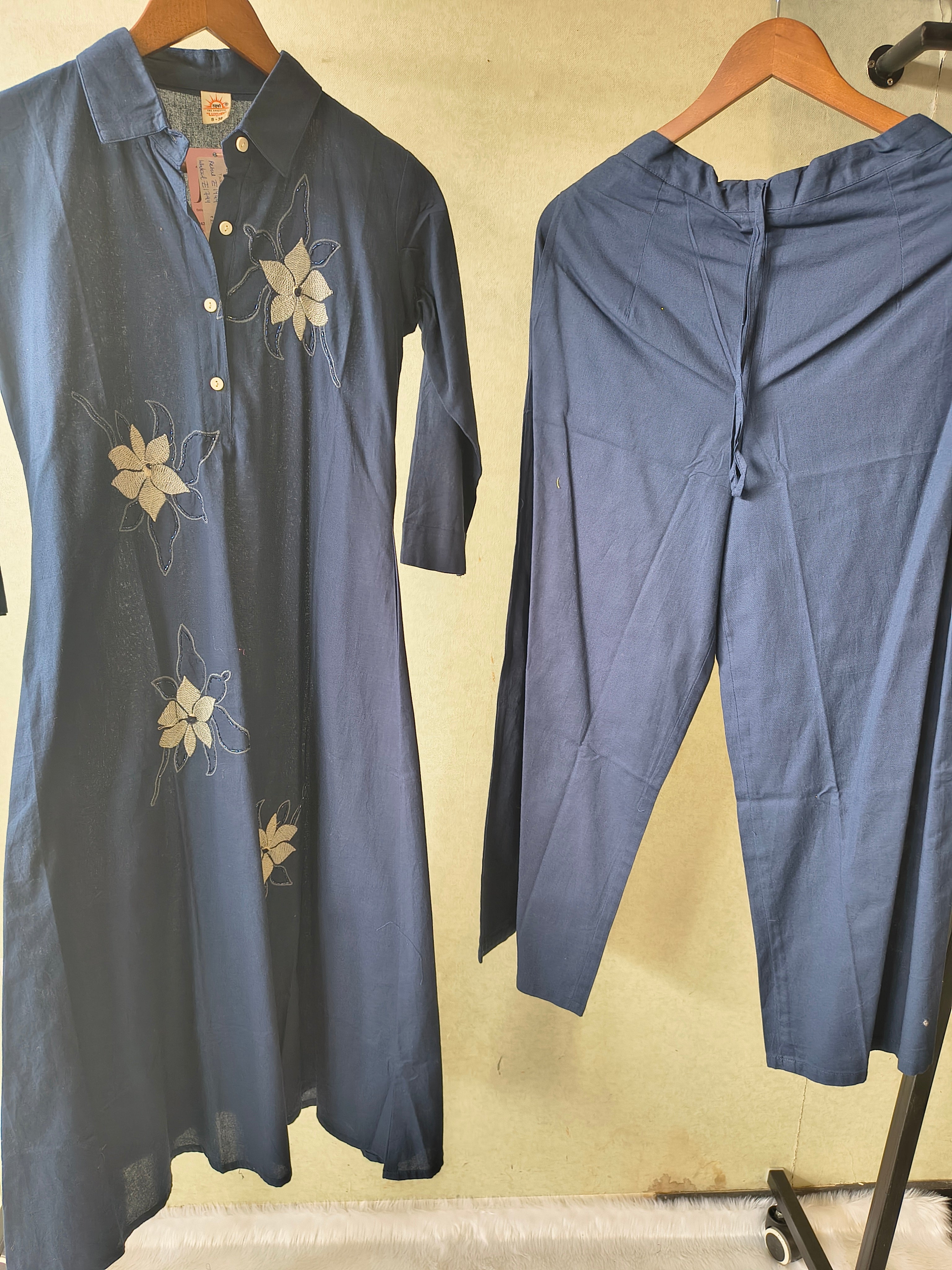 Image of Tadko Premium Navy Blue A-Line Kurta Set with Floral Appliqué Embroidery & Straight Pants