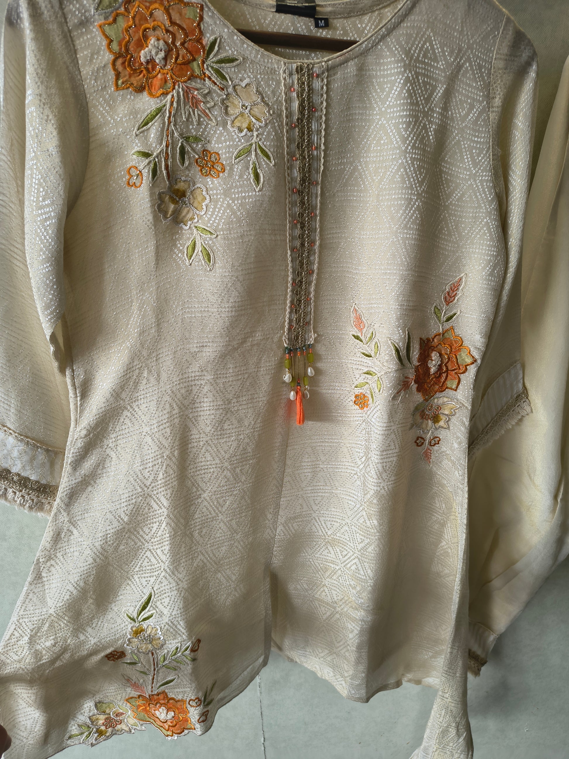 Ivory Floral Embroidered Premium Asymmetrical Kurta Pant Co-Ord Set