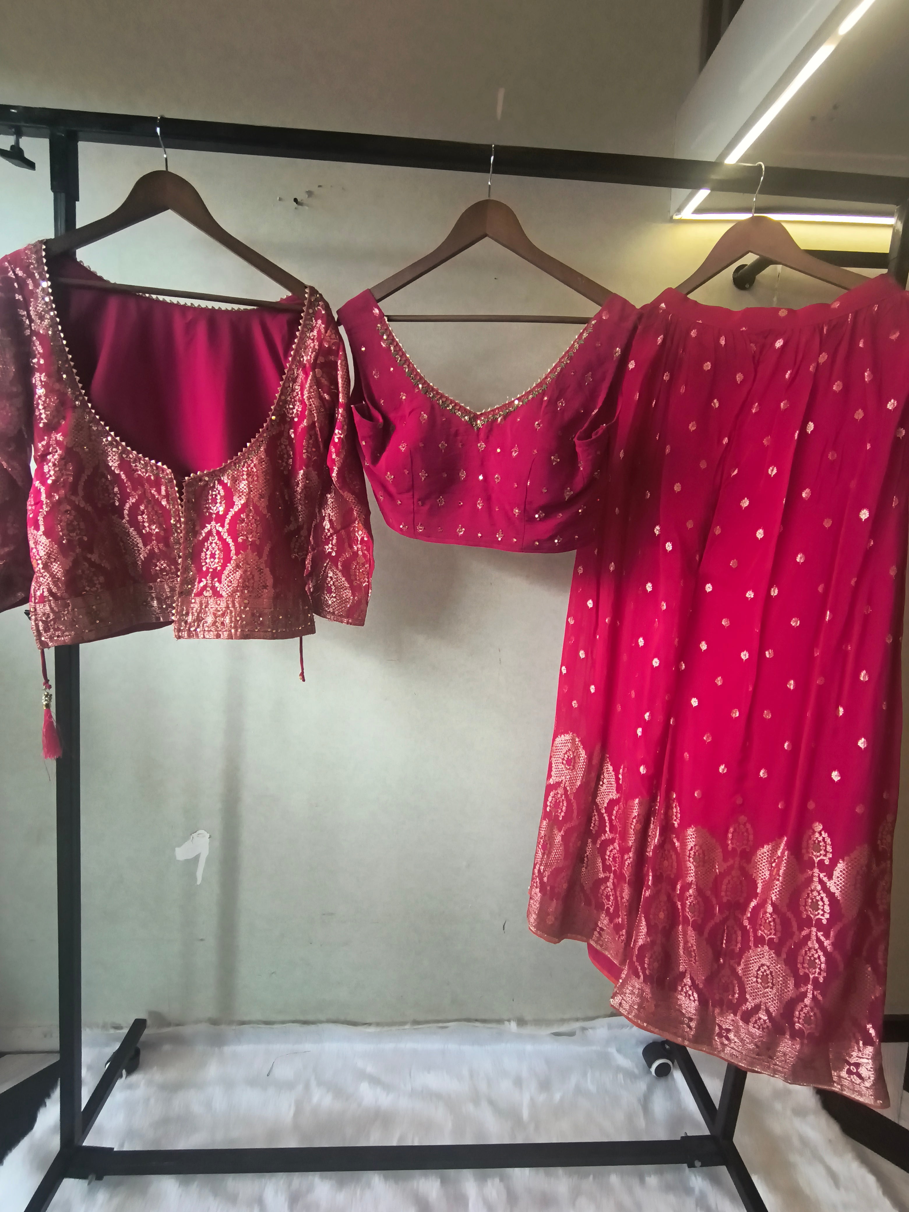 Image of Rani Pink Banarasi Lehenga Set with Dual Designer Blouses – Woven Festive Wedding Ensemble