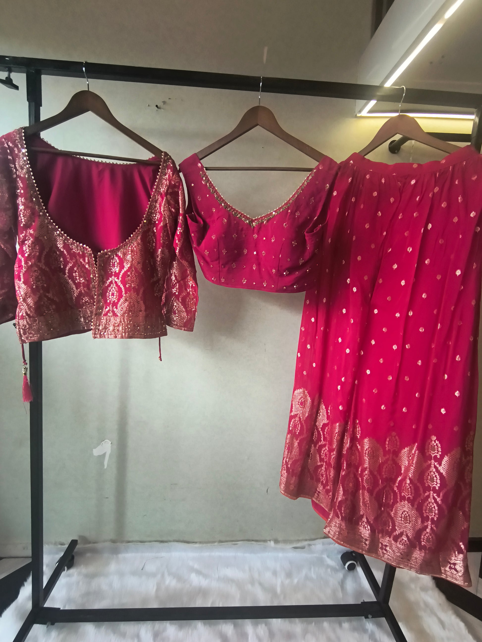 Rani Pink Banarasi Lehenga Set with Dual Designer Blouses – Woven Festive Wedding Ensemble