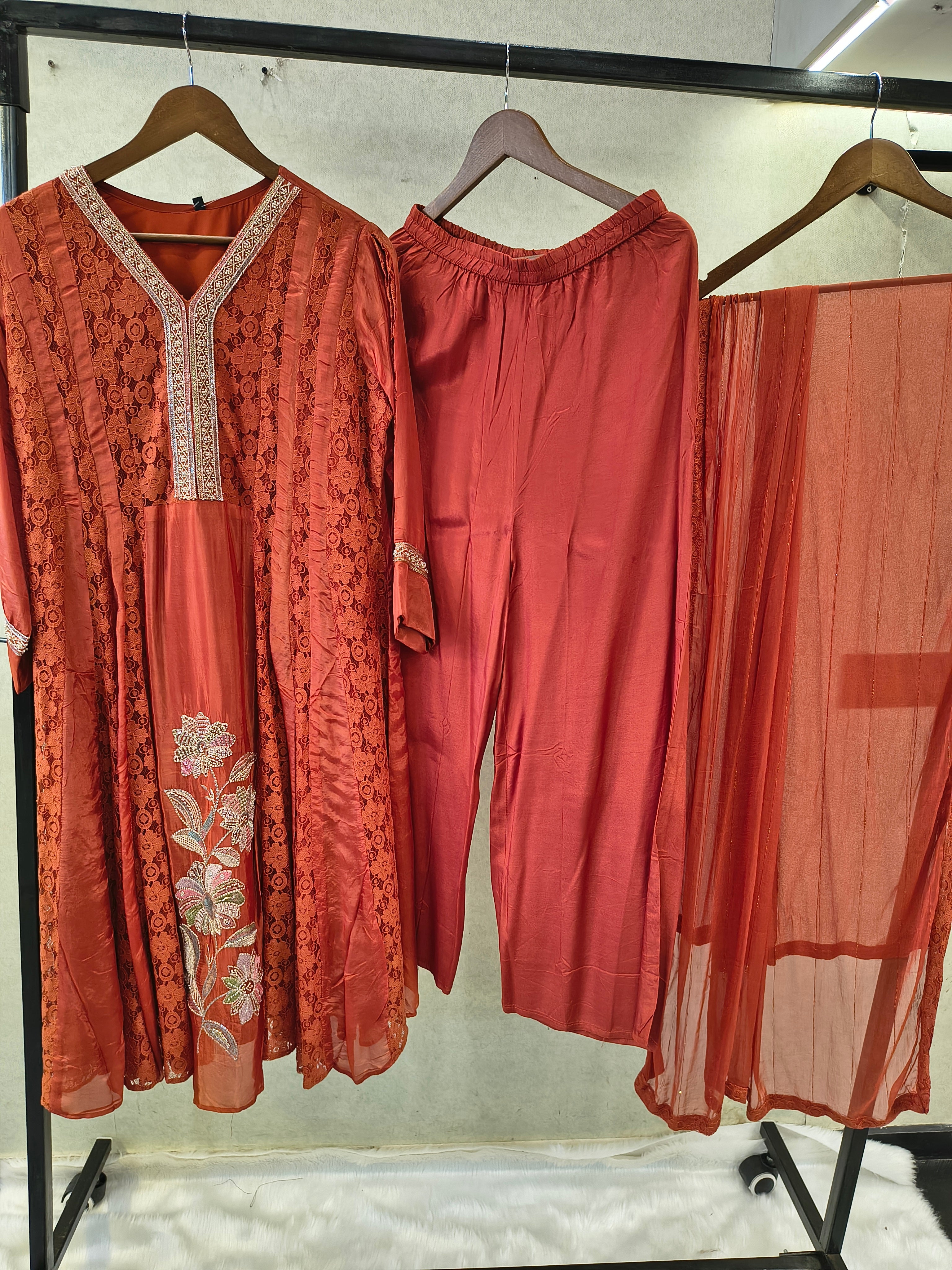 Image of Rust Brown Designer Lace Panel Anarkali Kurta Set with Embroidered Floral Motif & Sheer Dupatta | Premium 3 Piece Festive Ensemble