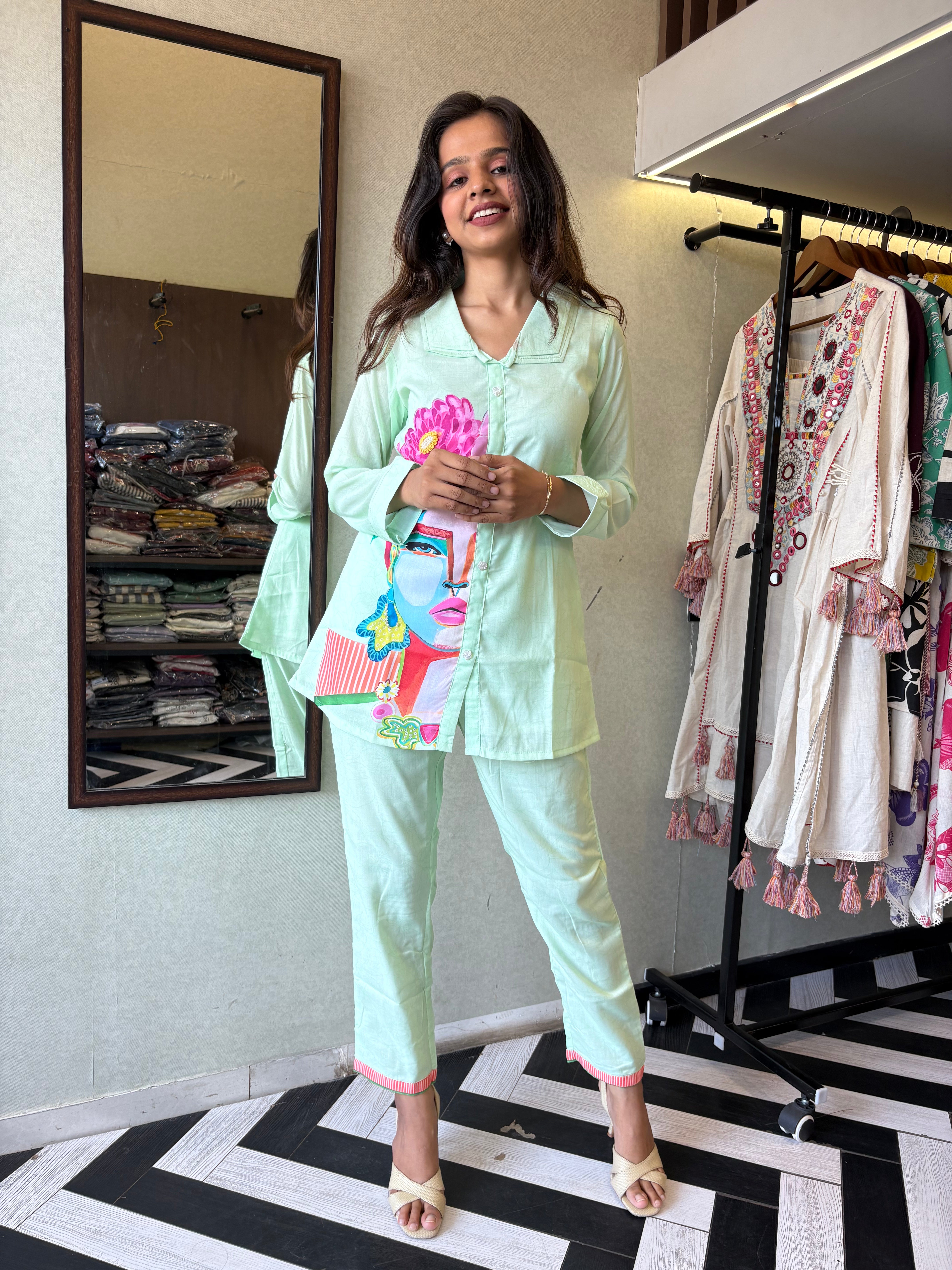 Image of Pure cotton 2-piece coord set in soothing pista color - designed with elegant prints and made for all-day comfort.