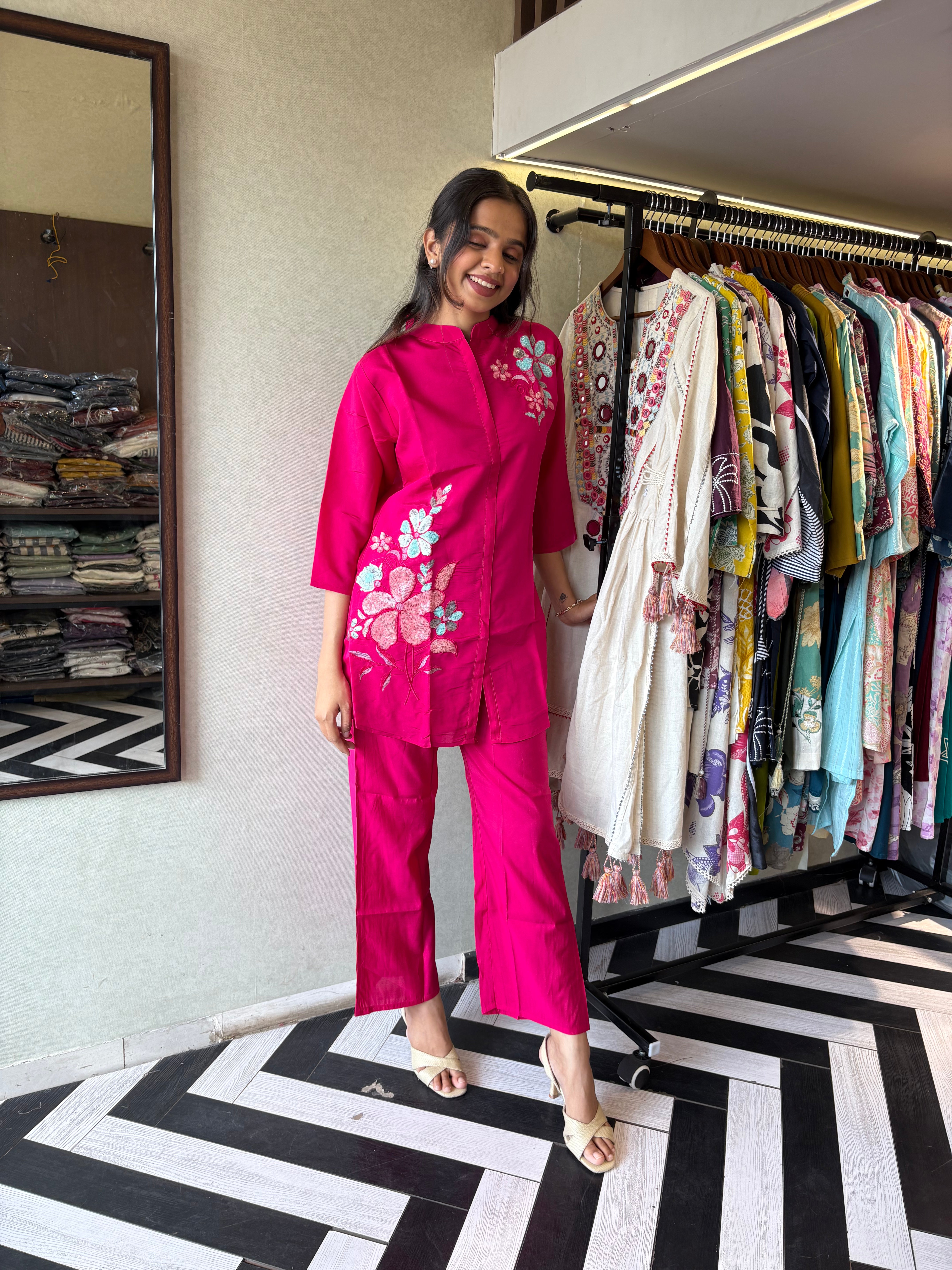 Image of Real Mirror Work. Real Cotton. 
our pure cotton long coord set with original mirror hand work - a classy steal for every wardrobe!