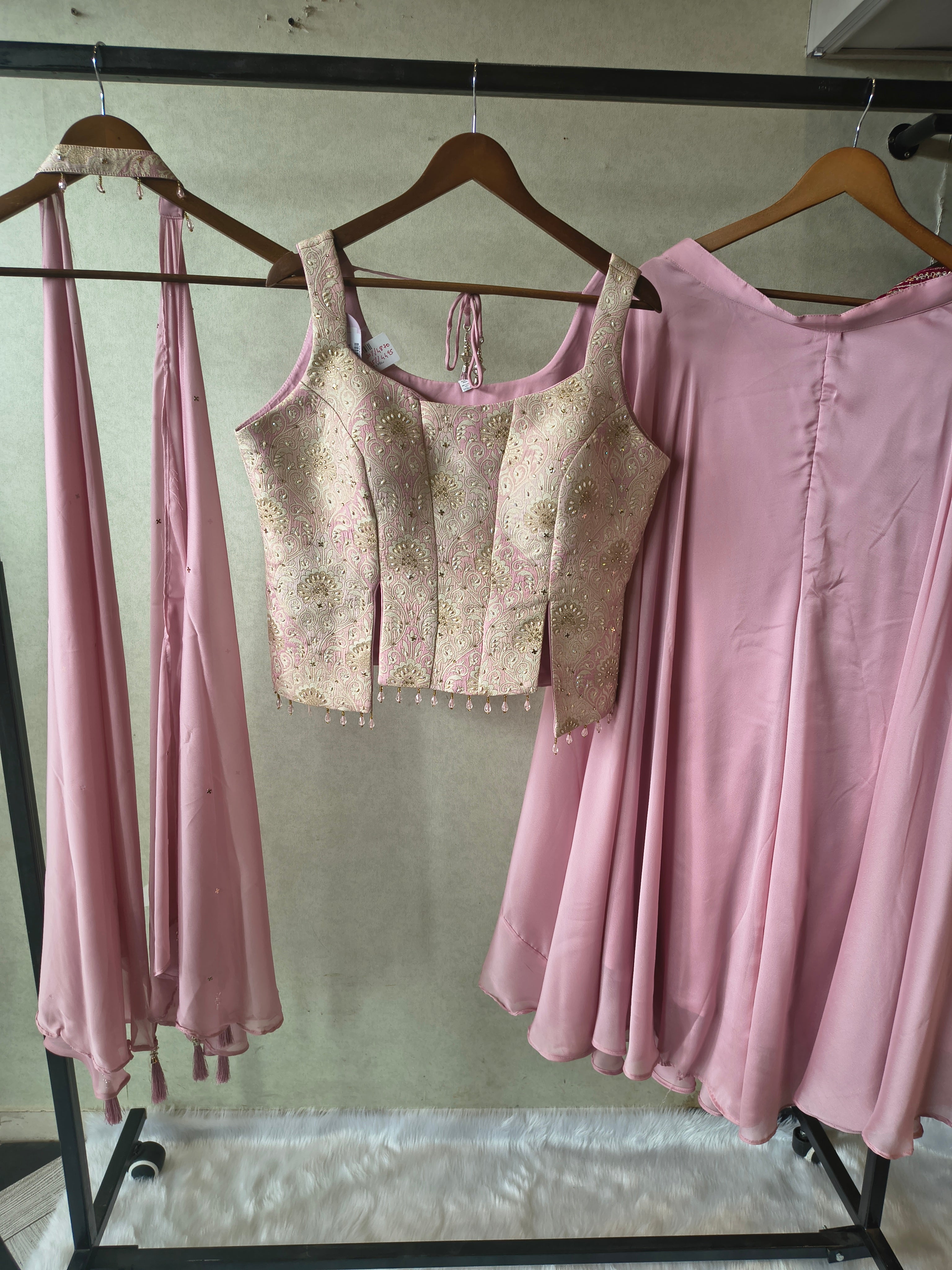 Image of Premium Blush Pink 3-Piece Designer Lehenga Set with Brocade Embroidered Blouse & Tassel Dupatta