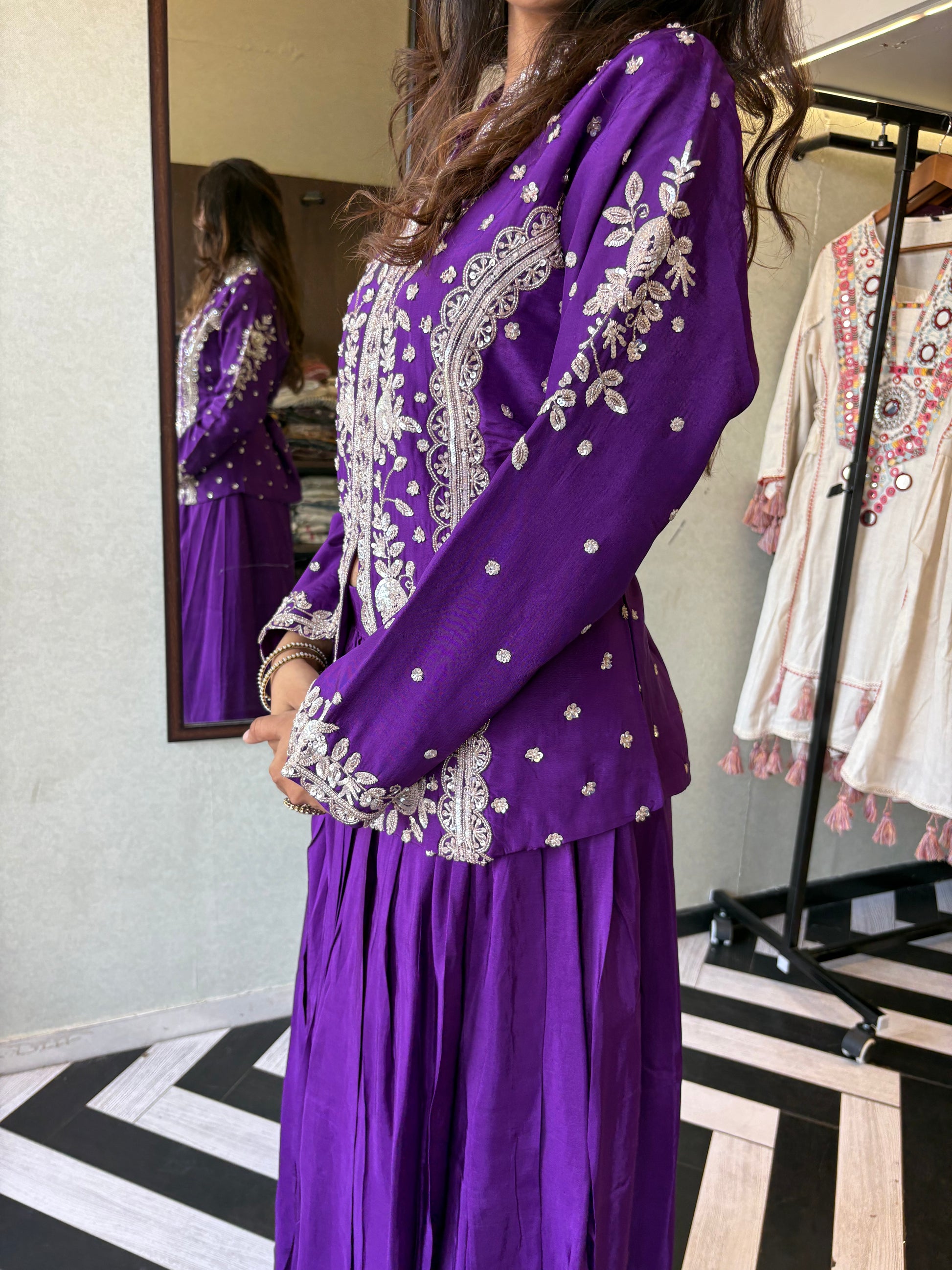 Be the showstopper in this premium pure silk Indo-Western 3-piece set