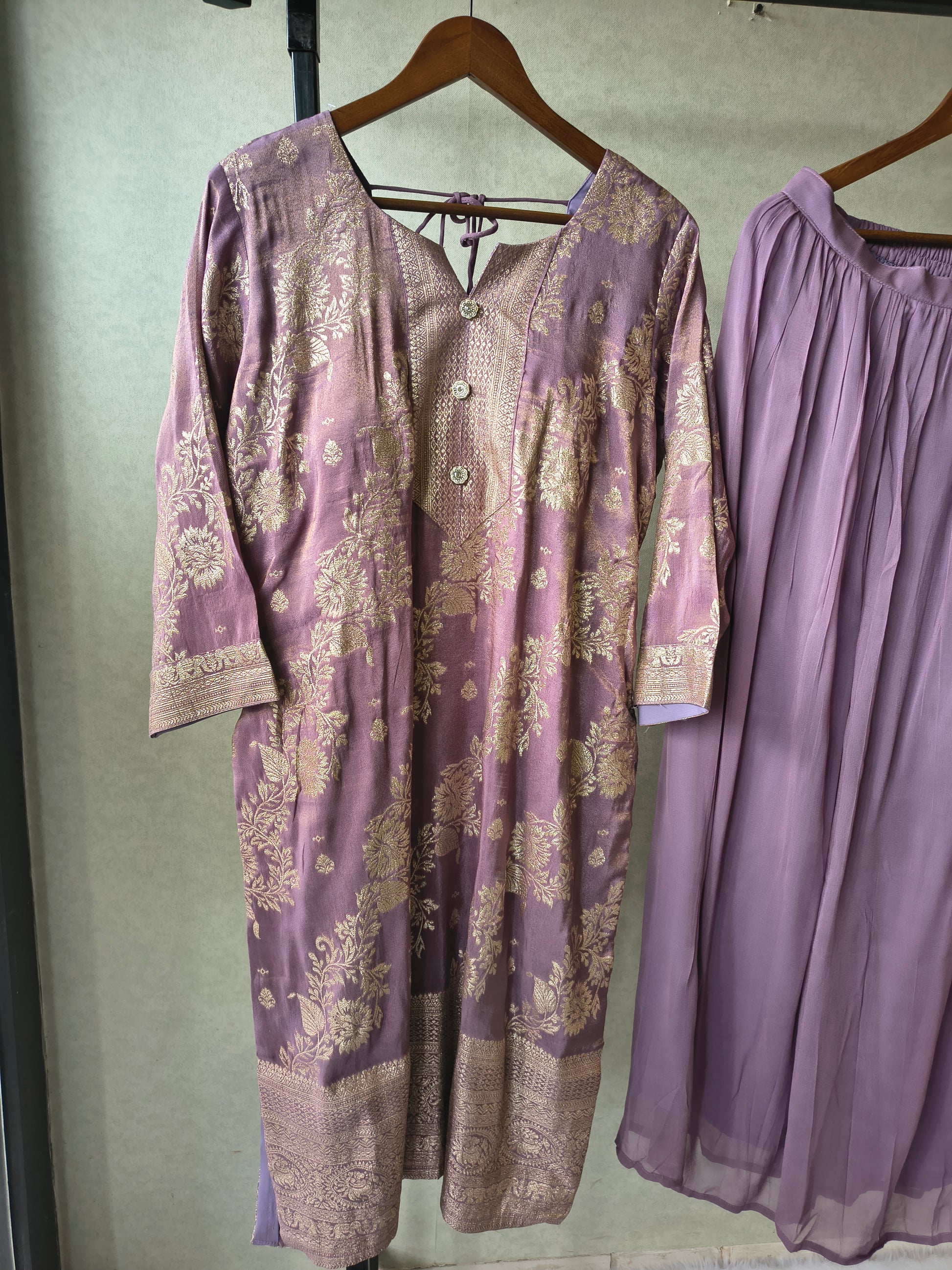 Premium Lavender Jacquard Straight Kurta with Georgette Sharara & Dupatta Set