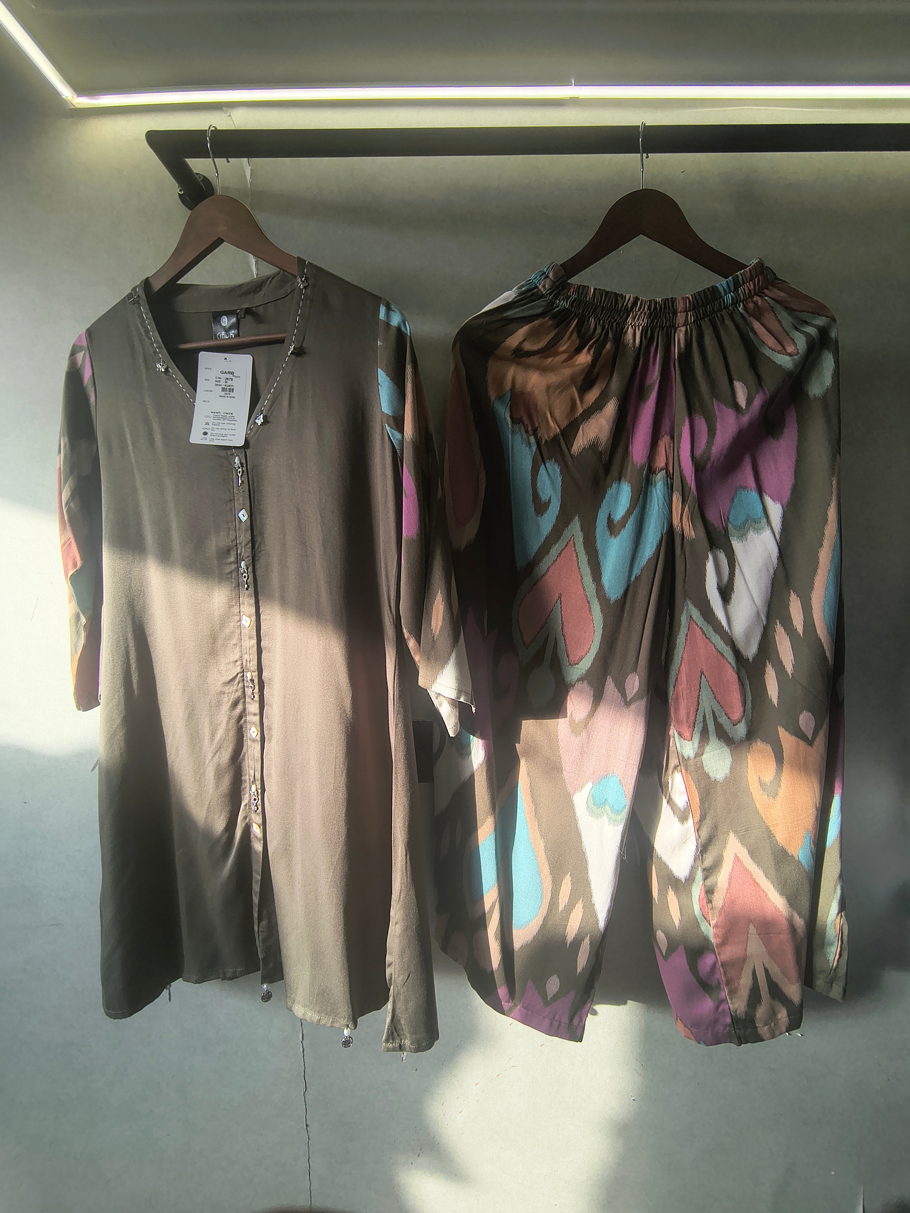 Image of Olive Green Designer Co-Ord Set with Abstract Printed Pants & Embellished Neckline