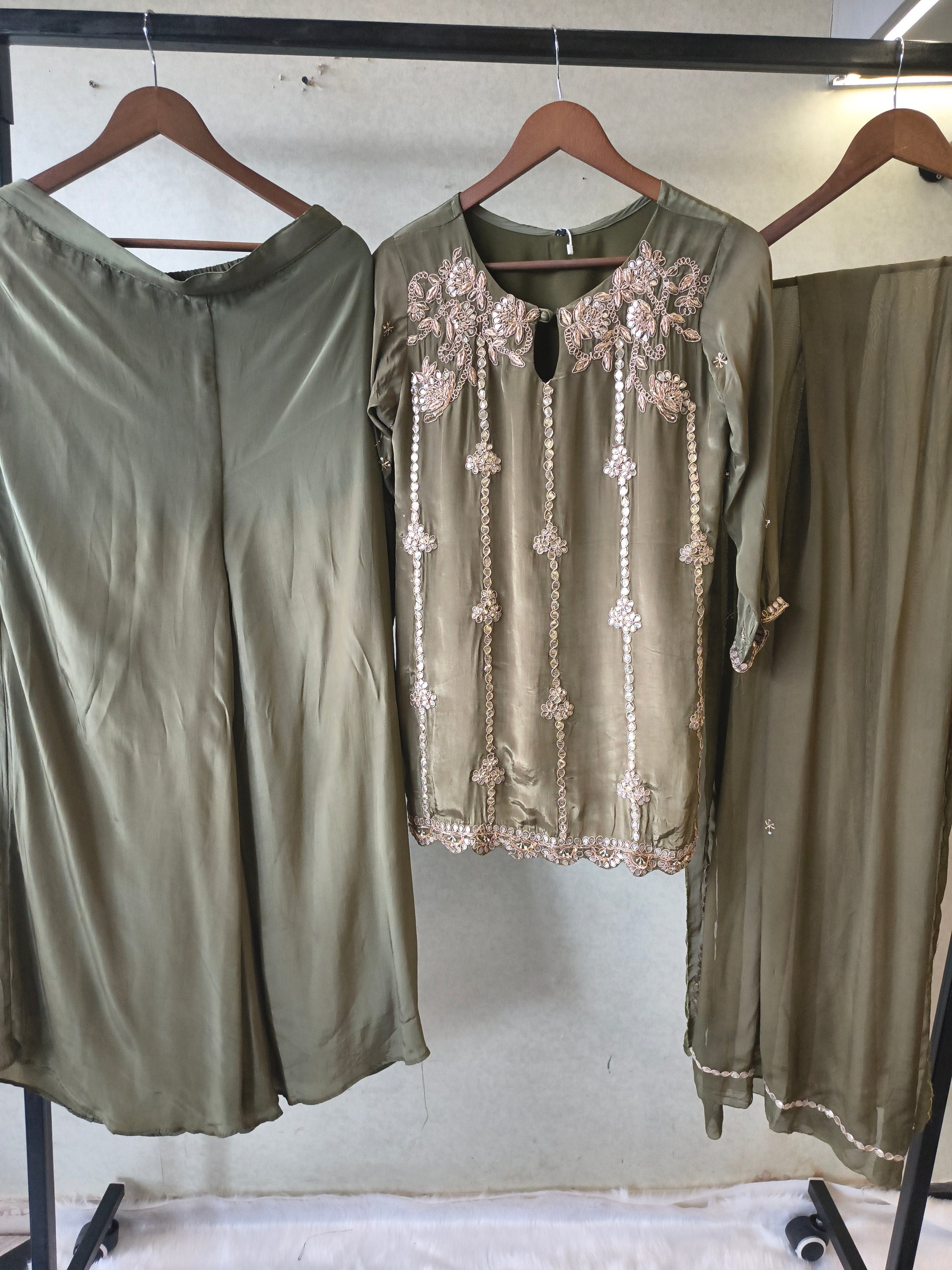 Olive Green Pearl & Mirror Embroidered Kurta Set with Flared Palazzo & Organza Dupatta – Designer 3 Piece Festive Ensemble