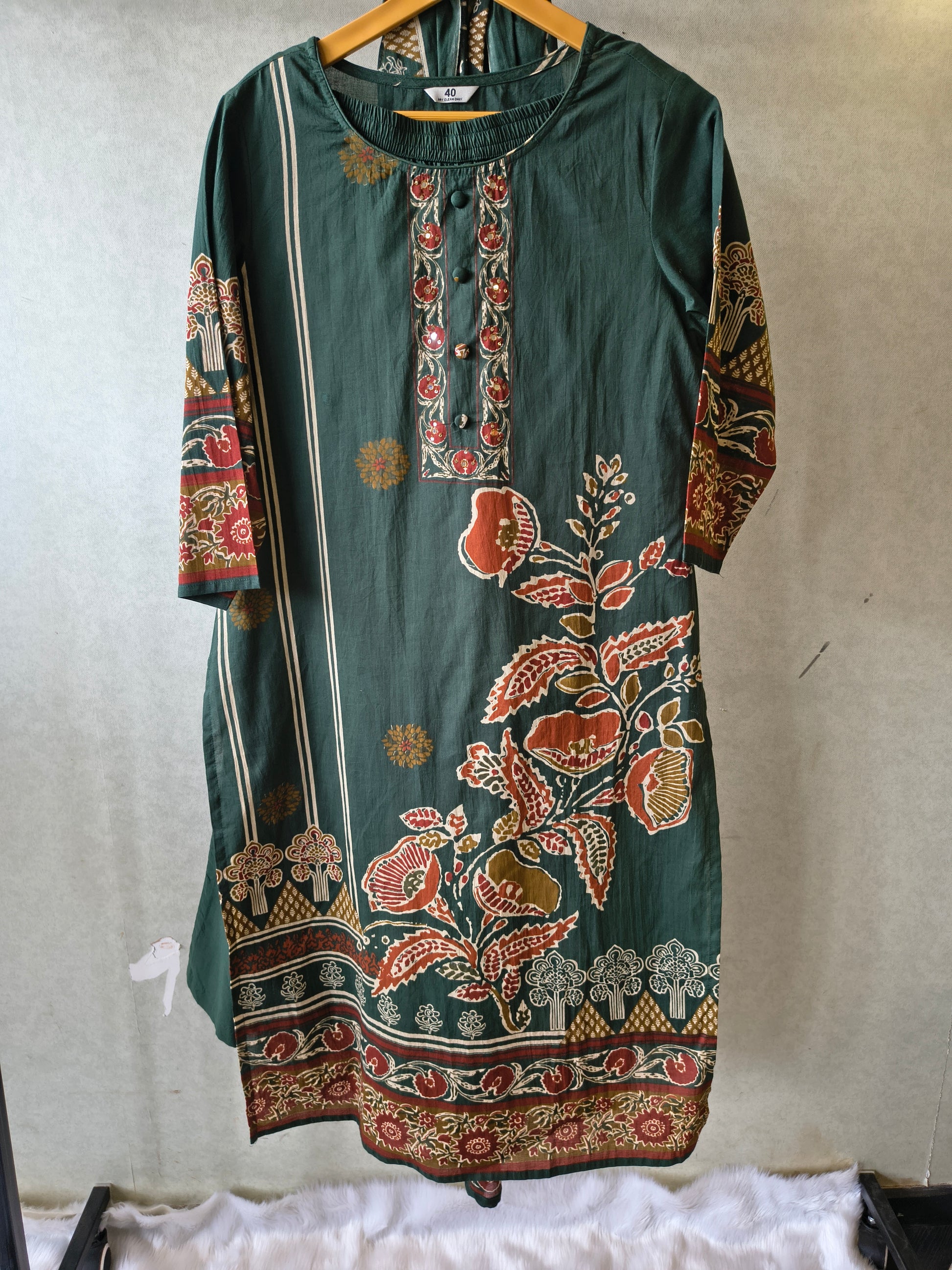 Emerald Green Floral Printed Three-Piece Cotton Kurta Set with Dupatta