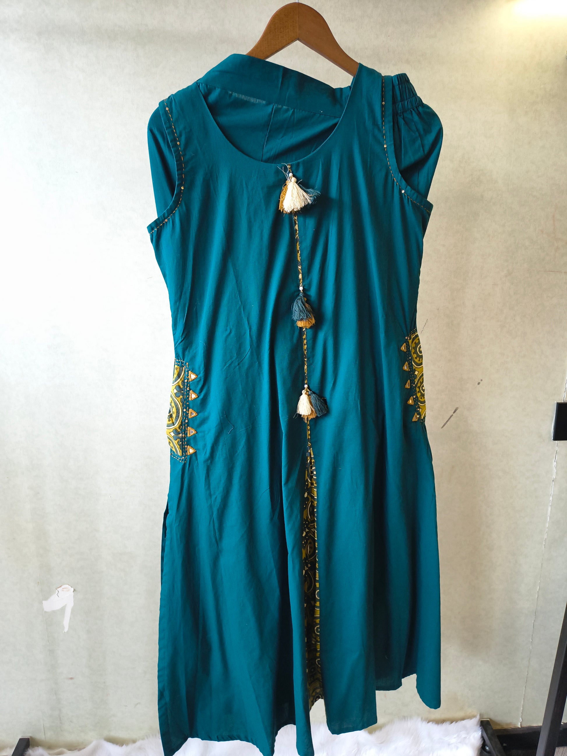 Teal Sleeveless A-Line Kurta Set with Printed Panel & Straight Pants
