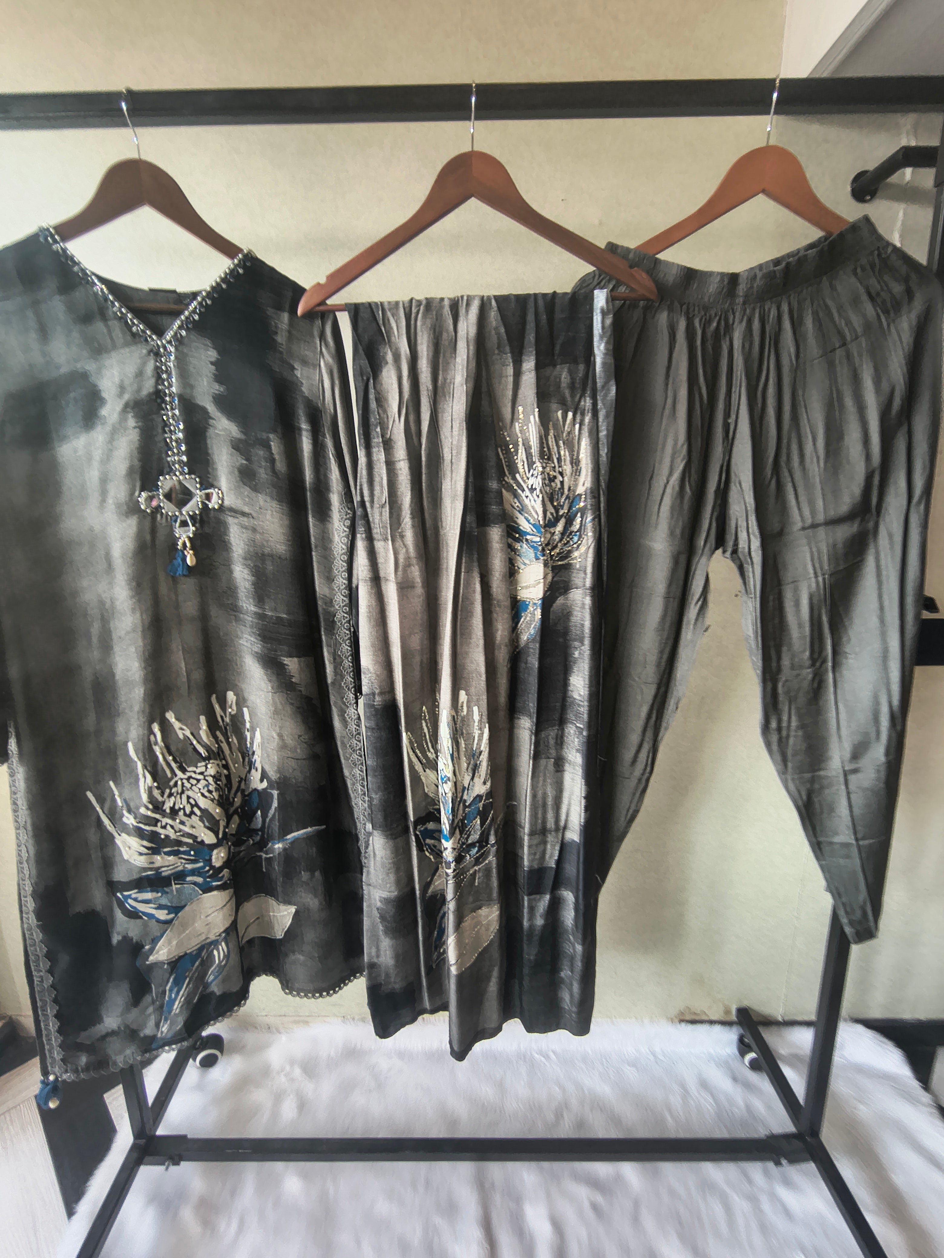 Image of Premium Charcoal Grey Abstract Floral Printed Straight Kurta Set with Designer Neckline, Straight Pants & Printed Dupatta