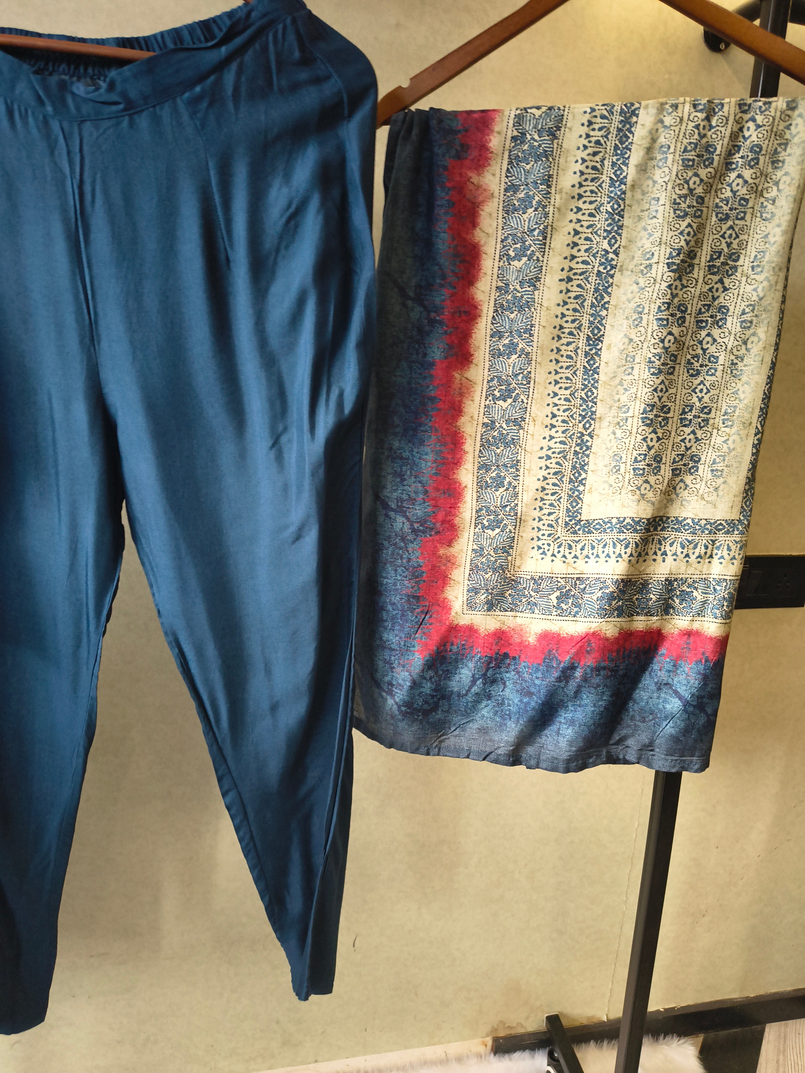 Image of Premium Midnight Blue Printed Kurta with Straight Pants & Artistic Border Dupatta Set