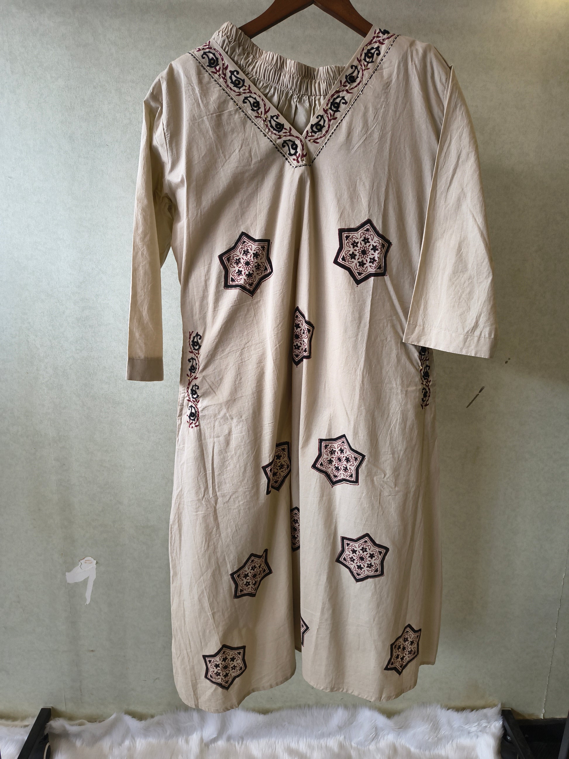 Beige Embroidered Three-Piece Kurta Set with Pintuck Detailing & Designer Dupatta