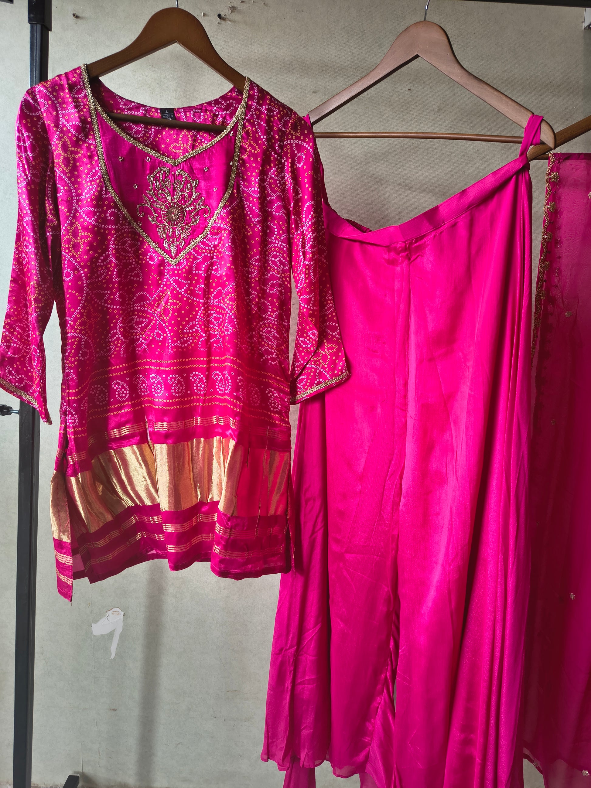 Rani Pink Bandhani Sharara Set with Zari Border & Embroidered Dupatta – Premium 3 Piece Festive Ensemble