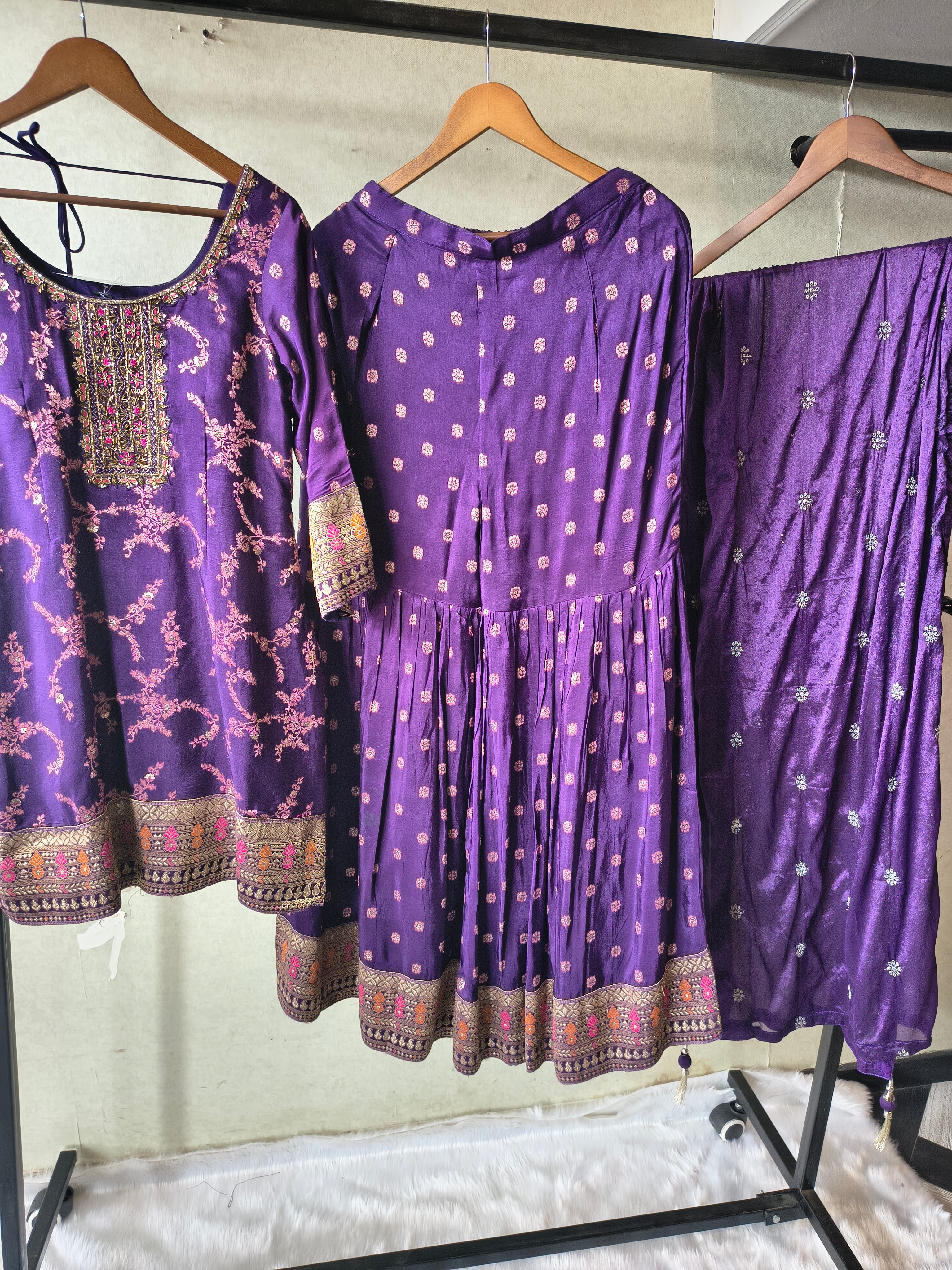 Image of Royal Purple Embroidered Peplum Sharara Set with Banarasi Border & Dupatta – Premium 3 Piece Festive Ensemble
