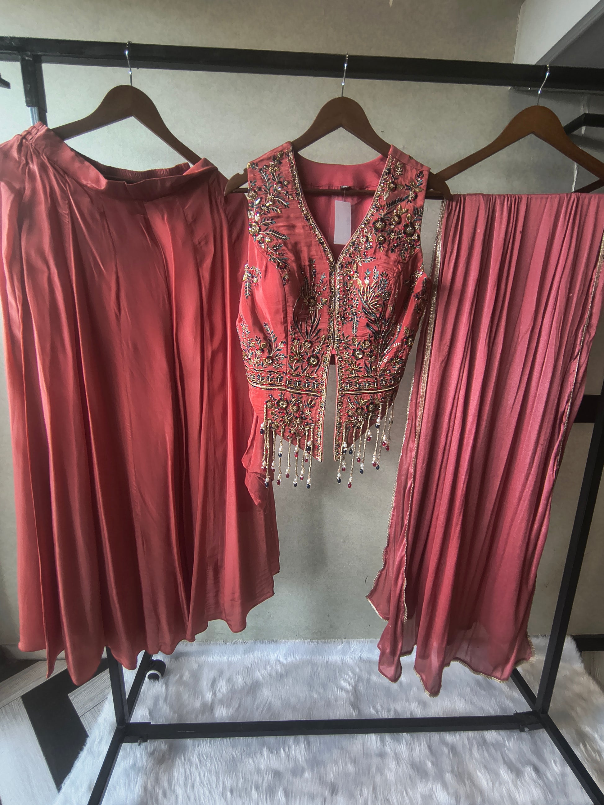 Premium Dusty Rose 3-Piece Designer Lehenga Set with Heavily Embroidered Jacket Blouse & Sequined Dupatta