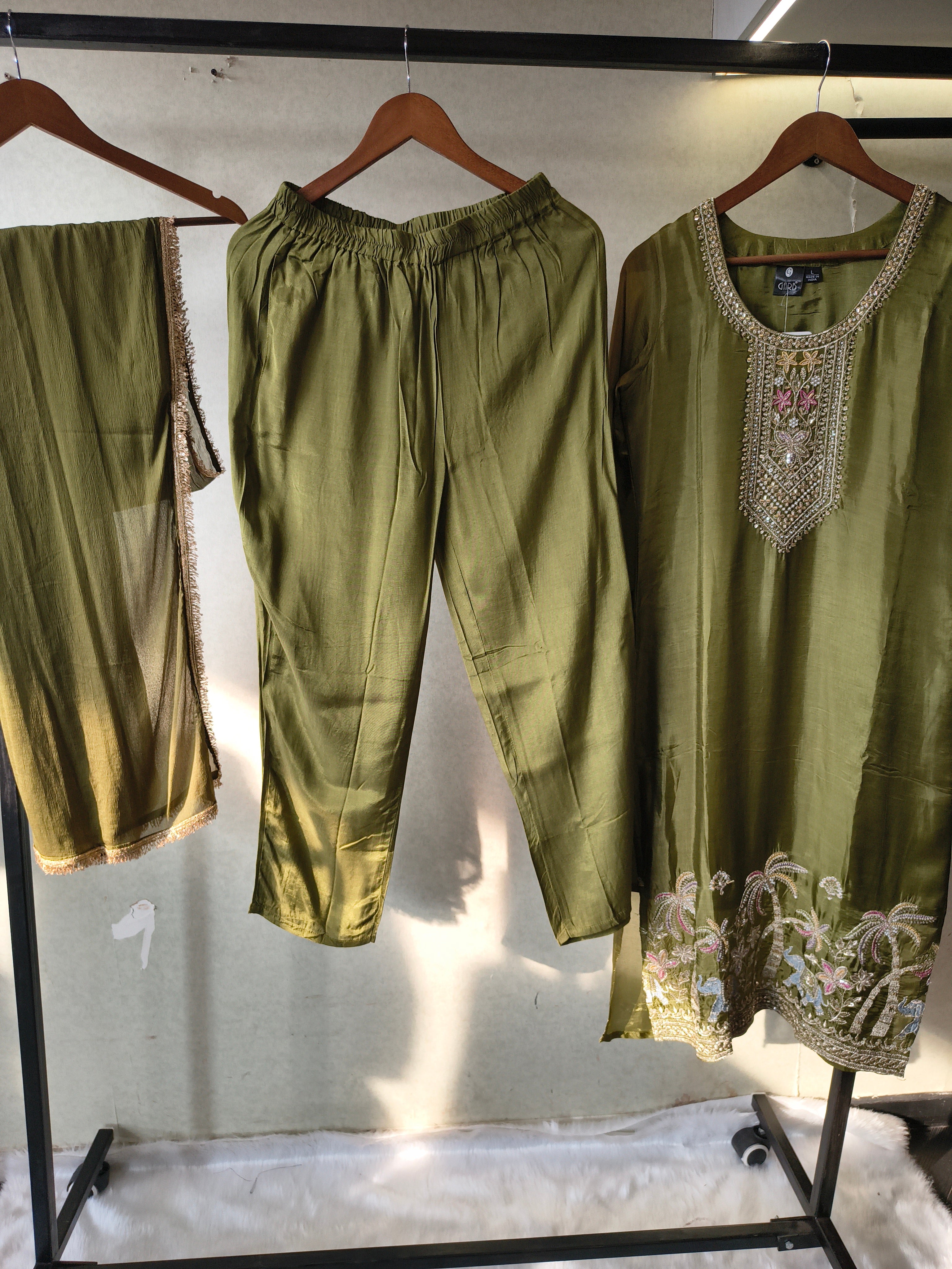 Image of Olive Green Embroidered Straight Kurta Set with Designer Yoke, Scenic Hem Embroidery & Lace Border Dupatta – Premium 3 Piece Ethnic Ensemble