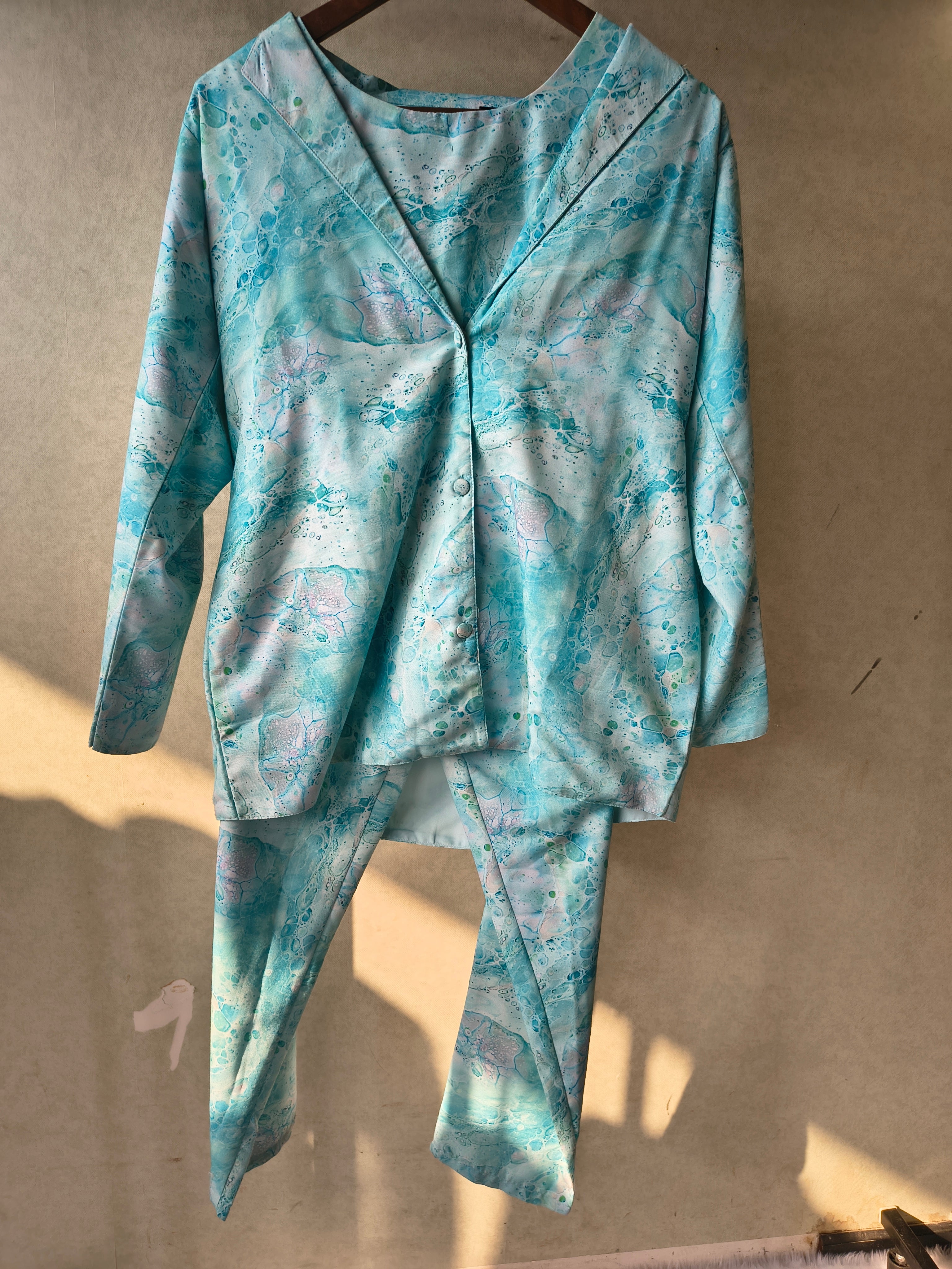 Image of Premium Aqua Marble Print Blazer, Crop Top & Straight Pants Co-Ord Set