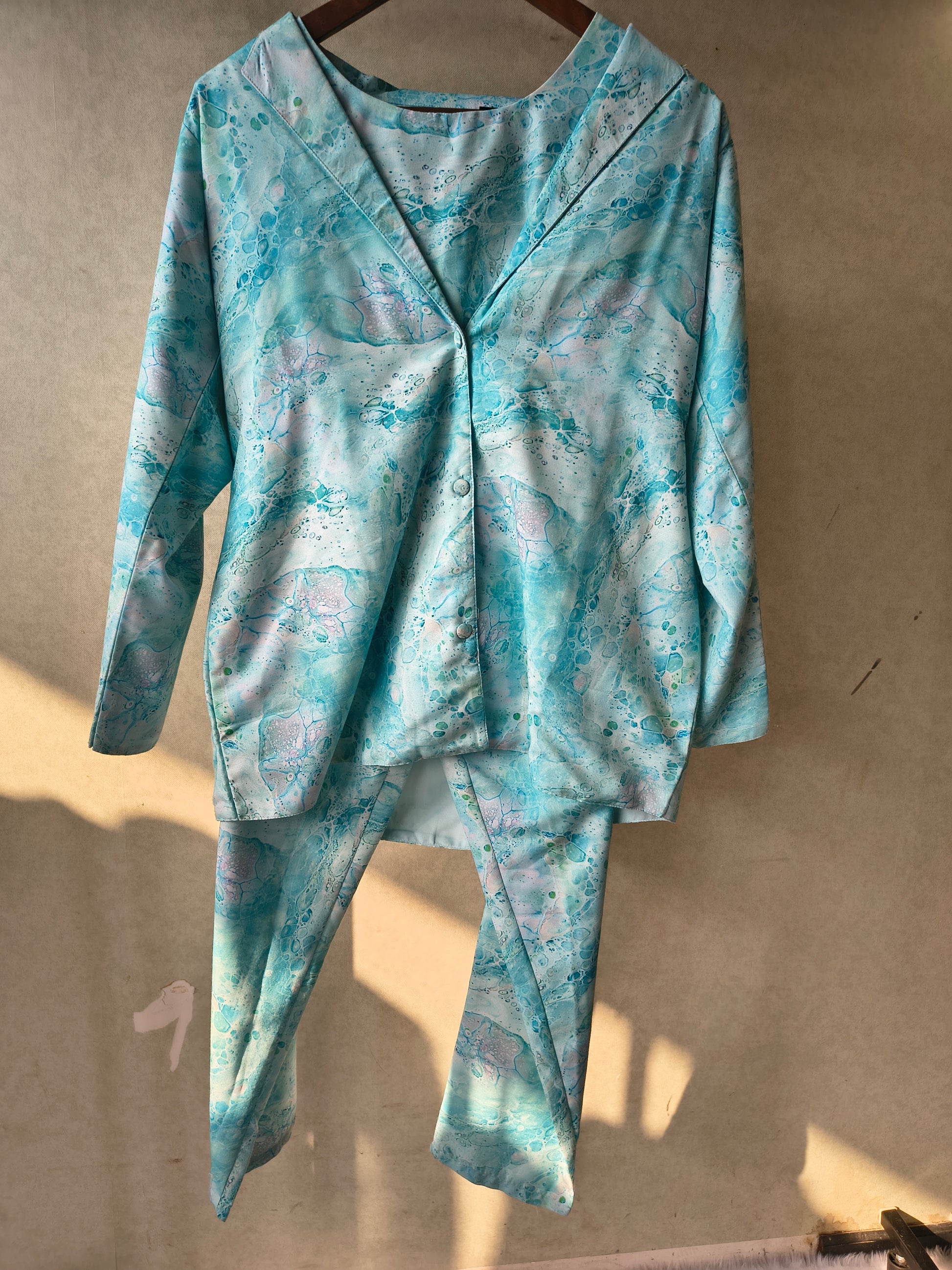 Premium Aqua Marble Print Blazer, Crop Top & Straight Pants Co-Ord Set