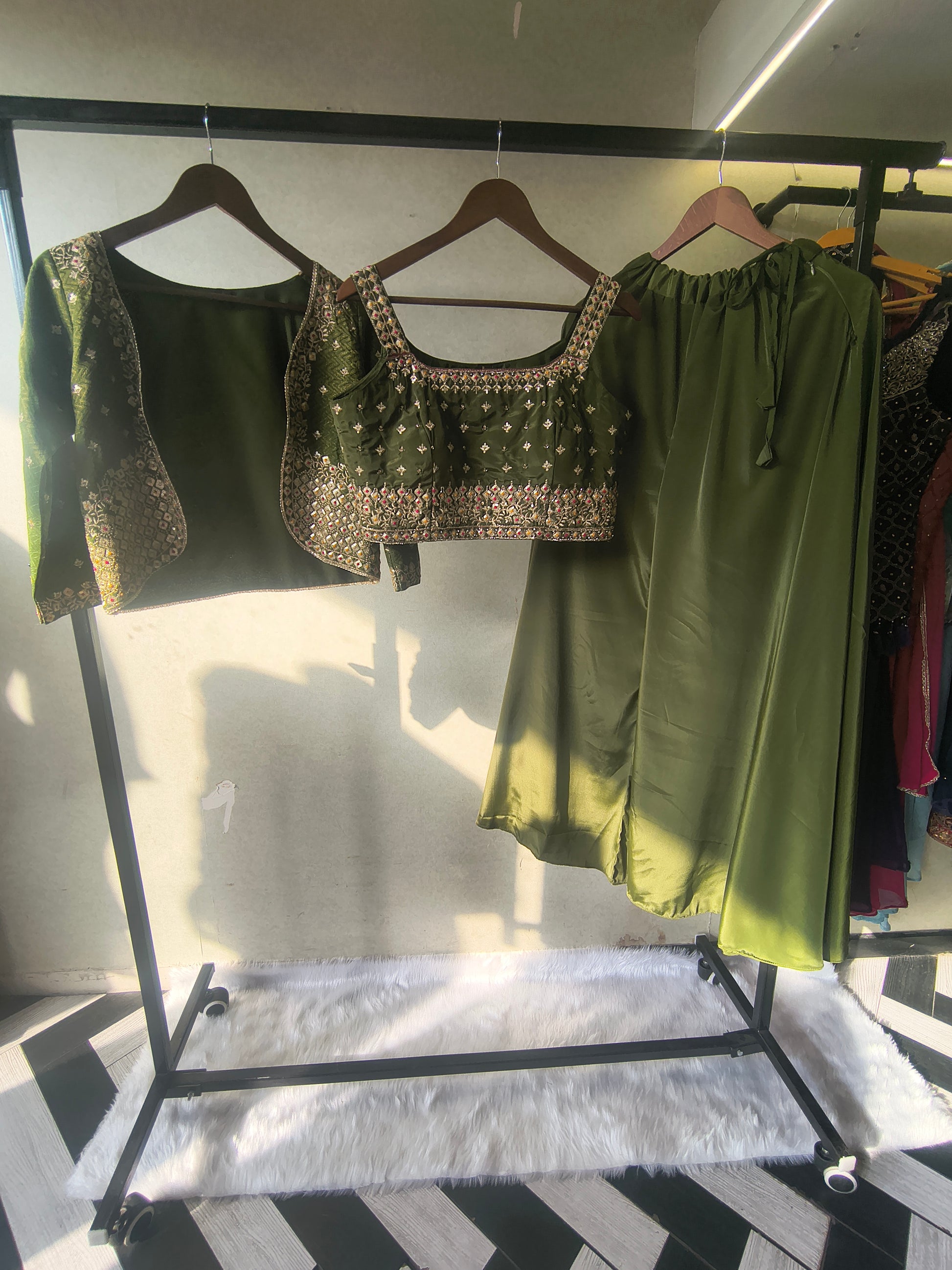 Luxury Olive Green Embellished Blouse with Embroidered Jacket & Flared Palazzo – 3 Piece Designer Indo-Western Set