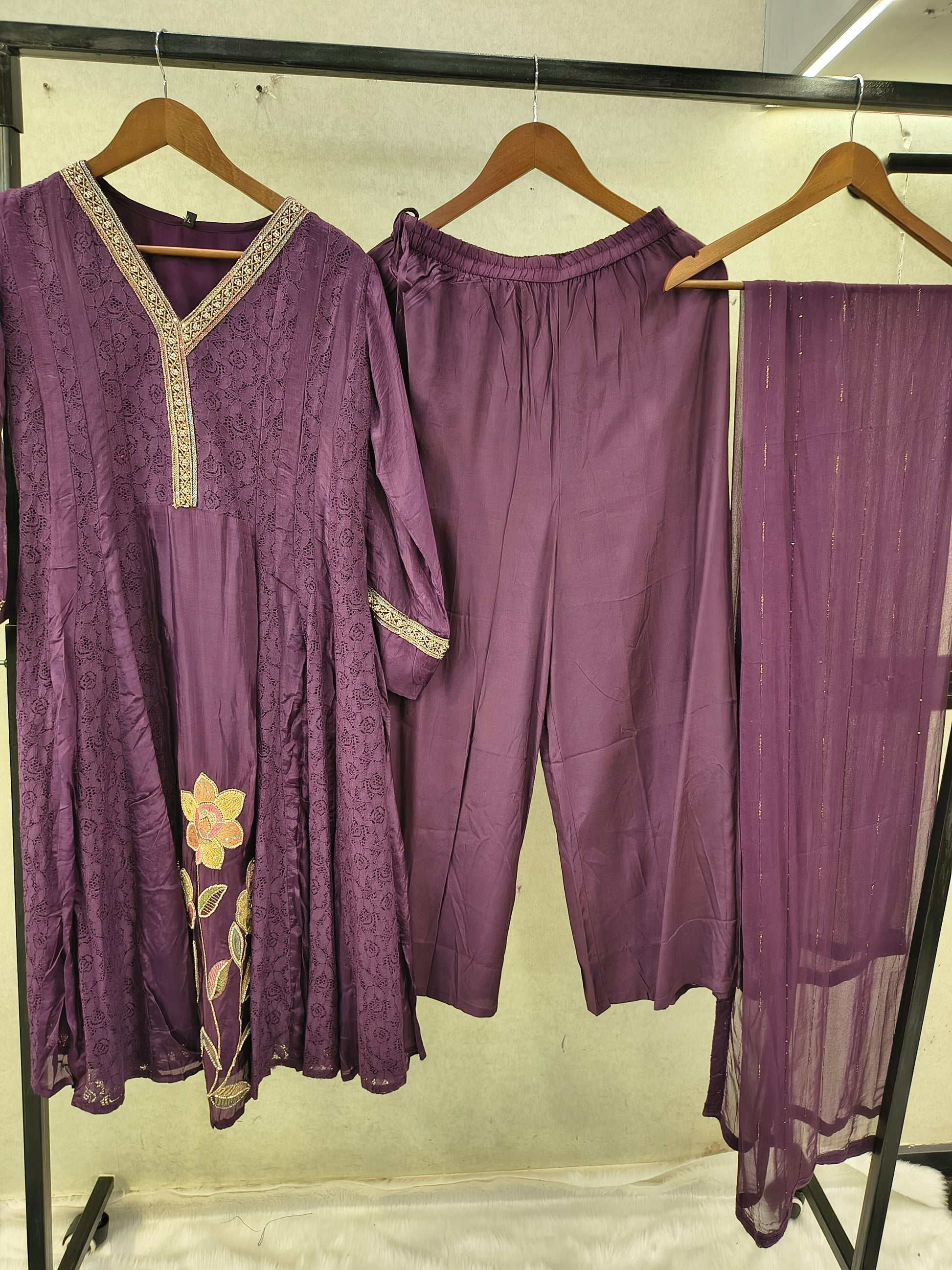 Royal Purple Designer Lace Panel Anarkali Kurta Set with Floral Embroidery & Sheer Dupatta | Premium 3 Piece Festive Ensemble