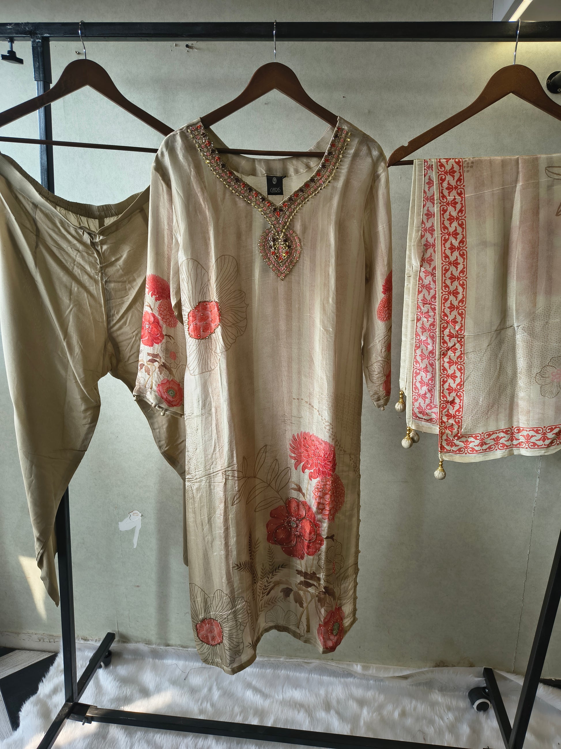 Beige Floral Printed Silk Blend Kurta Set with Hand-Embellished Neckline & Designer Dupatta – Premium 3 Piece Ethnic Ensemble
