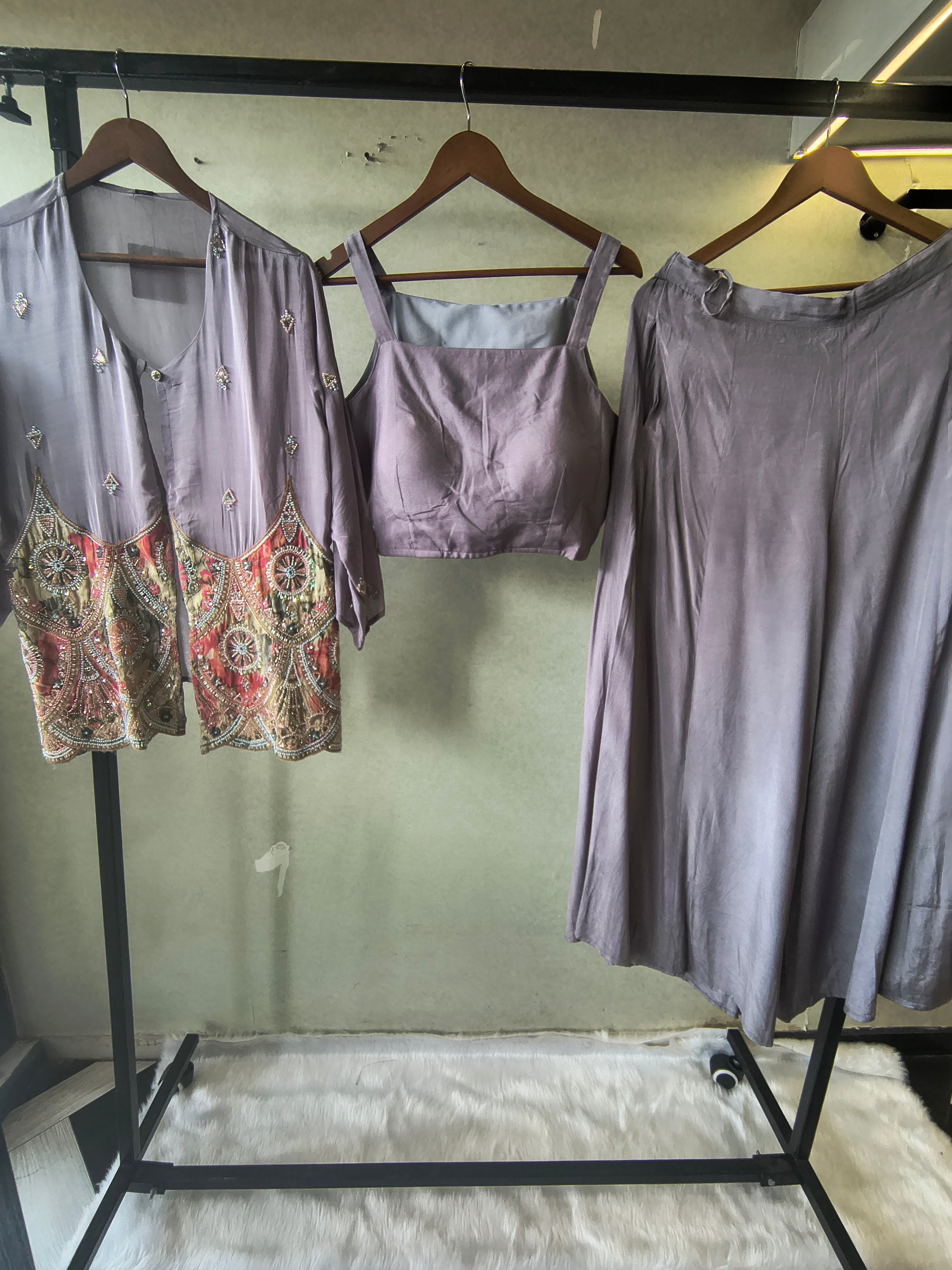 Dusty Mauve Tissue Silk Embroidered Peplum Jacket with Bustier & Flared Palazzo – 3 Piece Designer Indo-Western Set