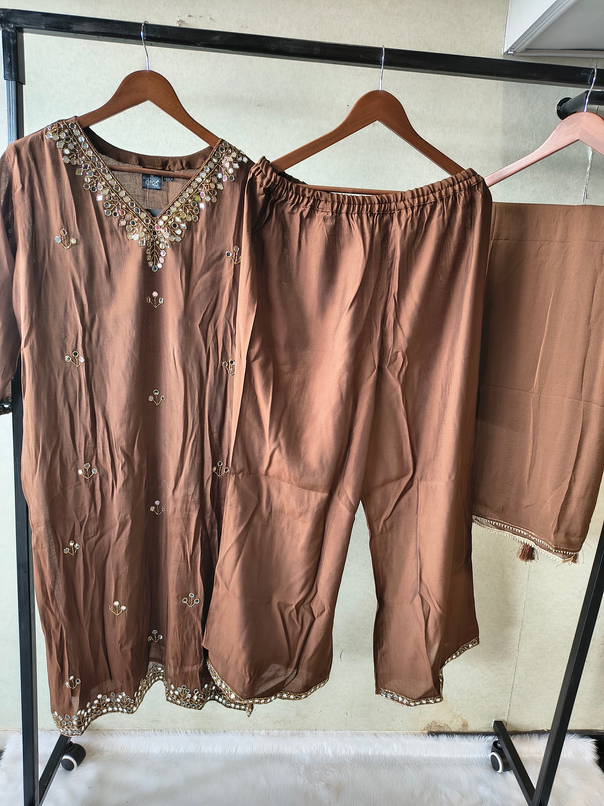 Premium Chocolate Brown Embellished Kurta Set with Mirror Work & Tassel Dupatta
