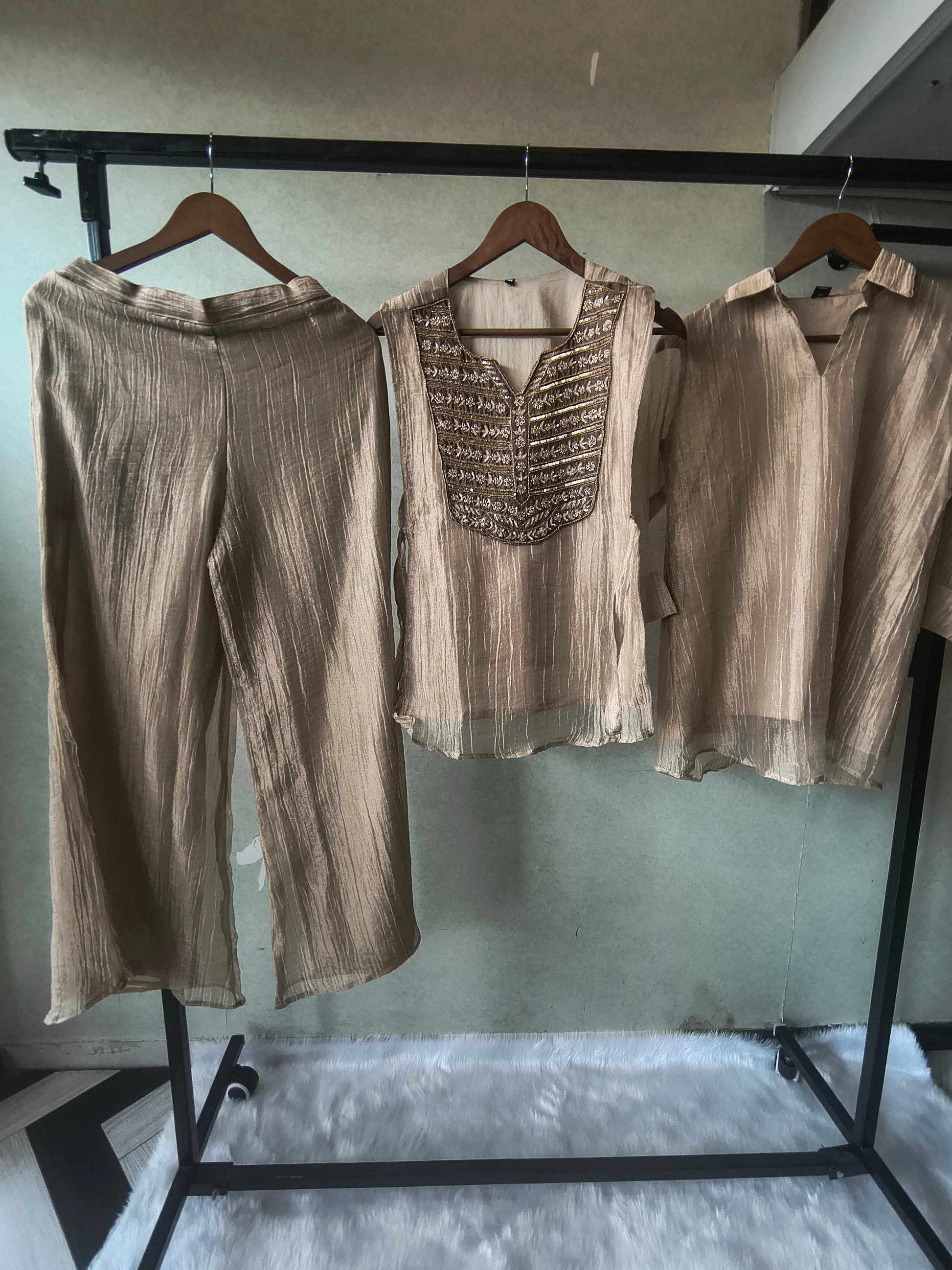 Premium Champagne Gold Tissue Silk 3-Piece Co-Ord Set with Antique Zari Embroidered Jacket, Inner & Palazzo